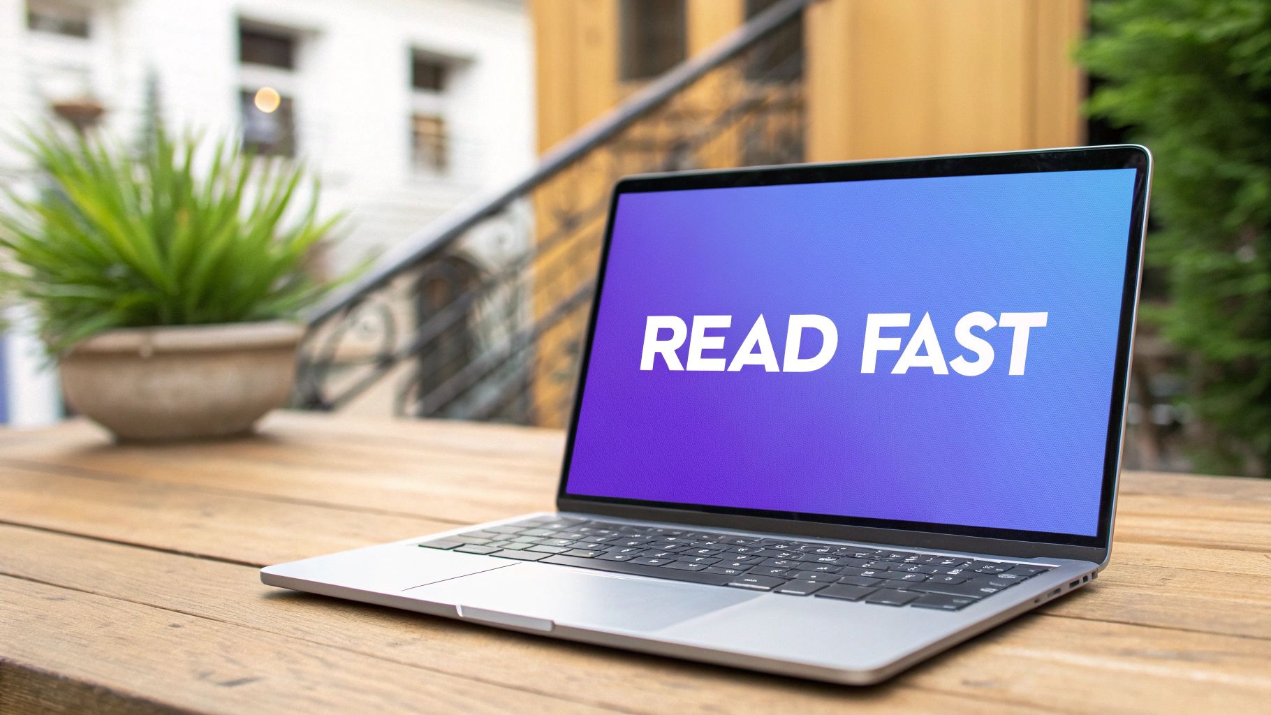 A silver laptop with 'READ FAST' on its screen sits on a wooden table outdoors, next to a potted plant.