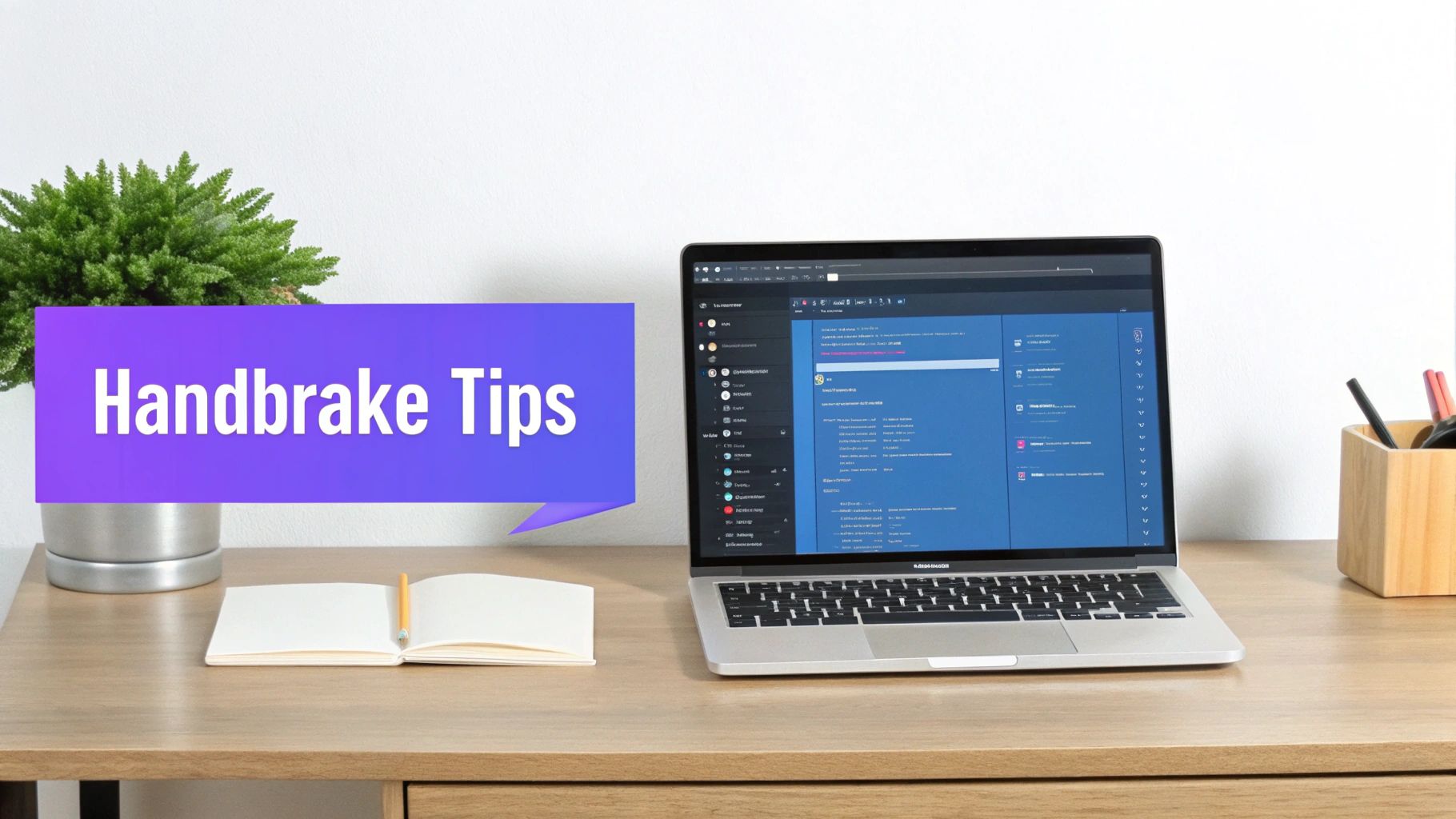 A laptop on a wooden desk displaying 'Handbrake Tips' on a purple overlay, with a plant and notebook.