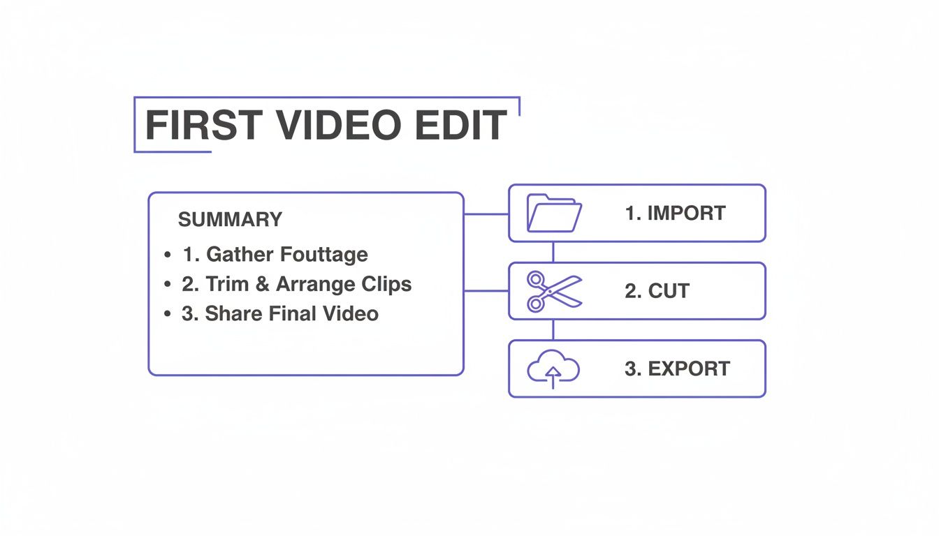A simple flowchart illustrating the three key steps of video editing: import, cut, and export.