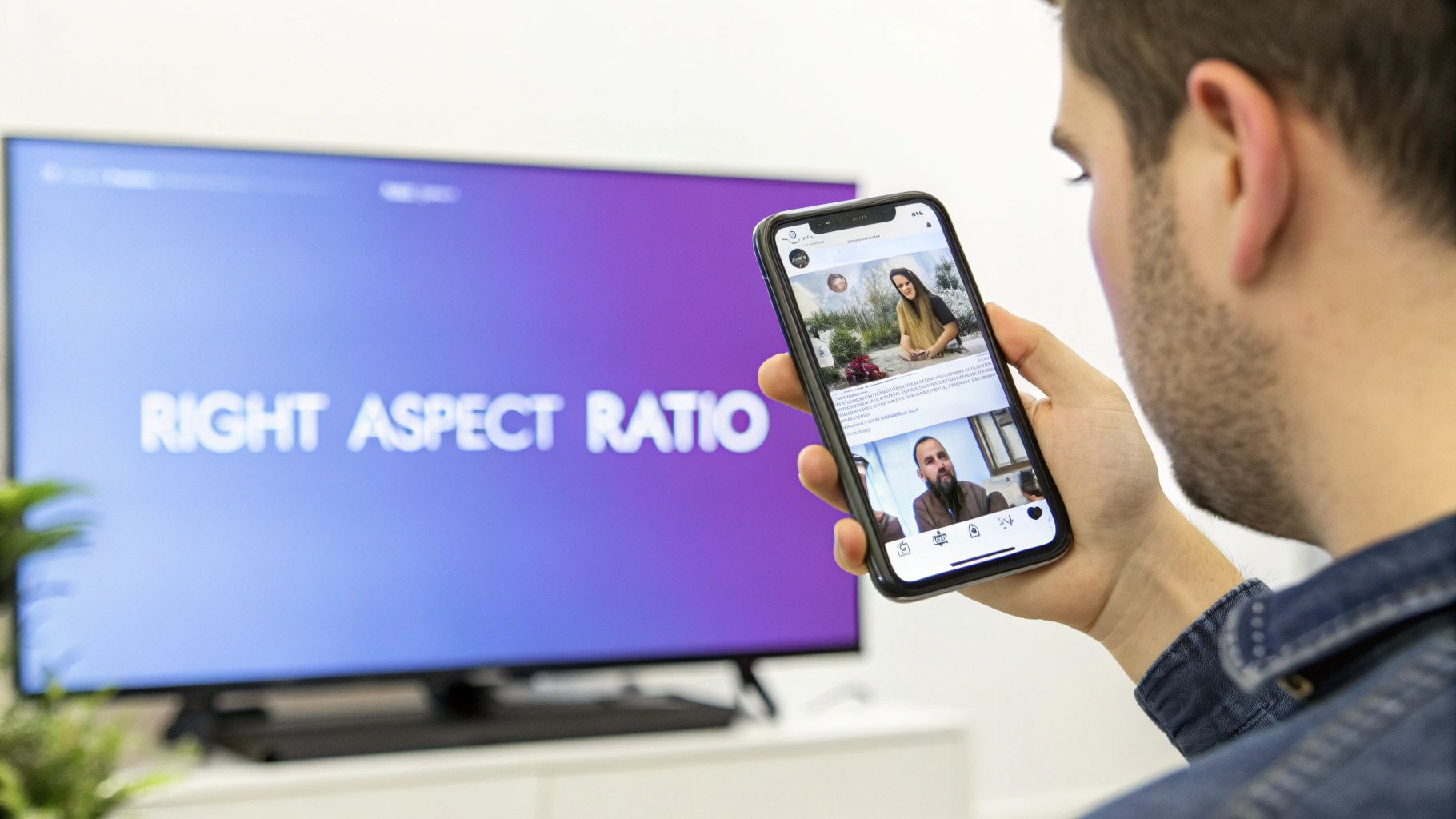 A man looking at his smartphone displaying an Instagram feed, with a TV in the background showing 'RIGHT ASPECT RATIO'.
