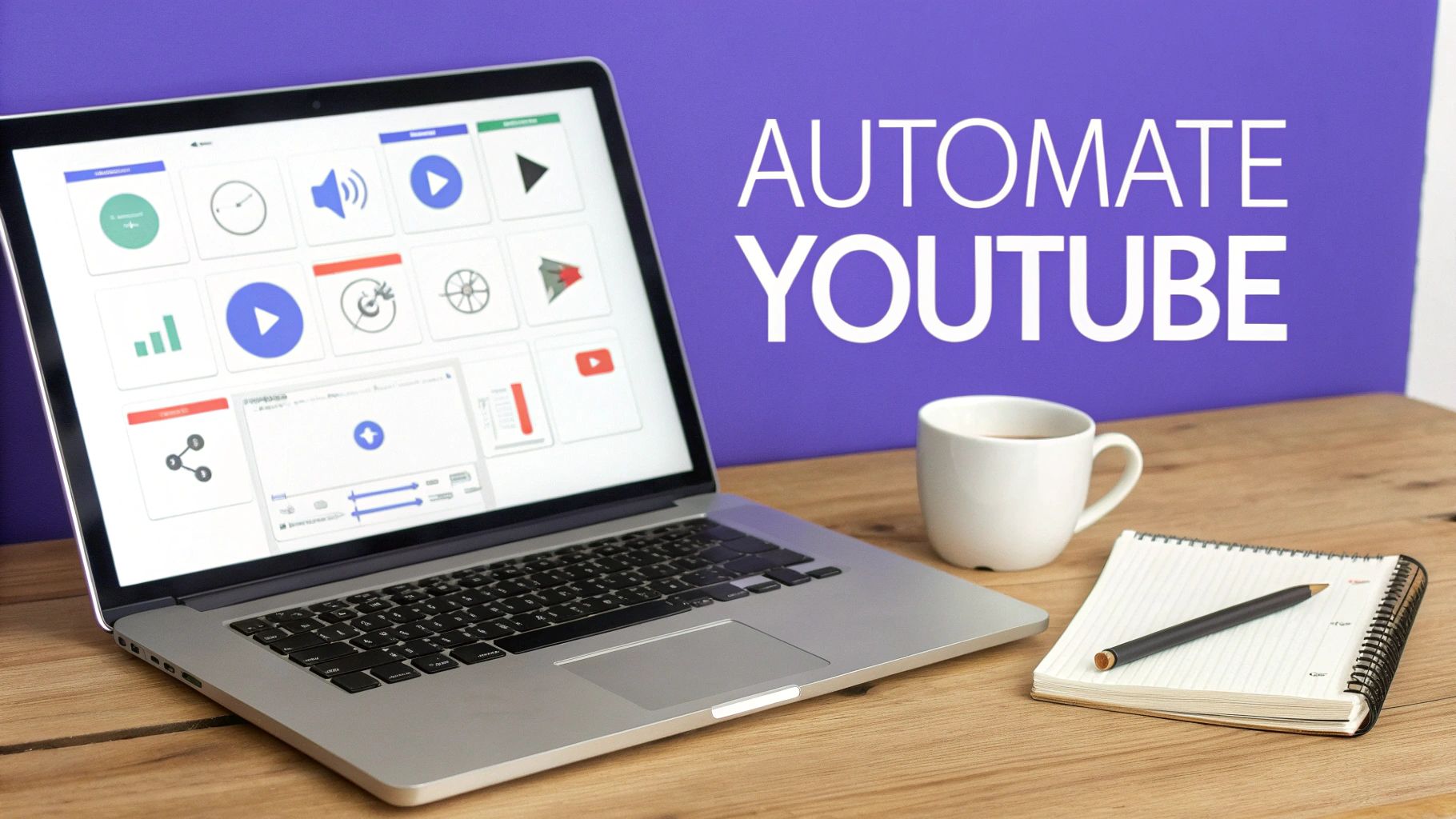 Laptop displaying YouTube automation software, with 'AUTOMATE YOUTUBE' text, coffee, notebook, and pen.