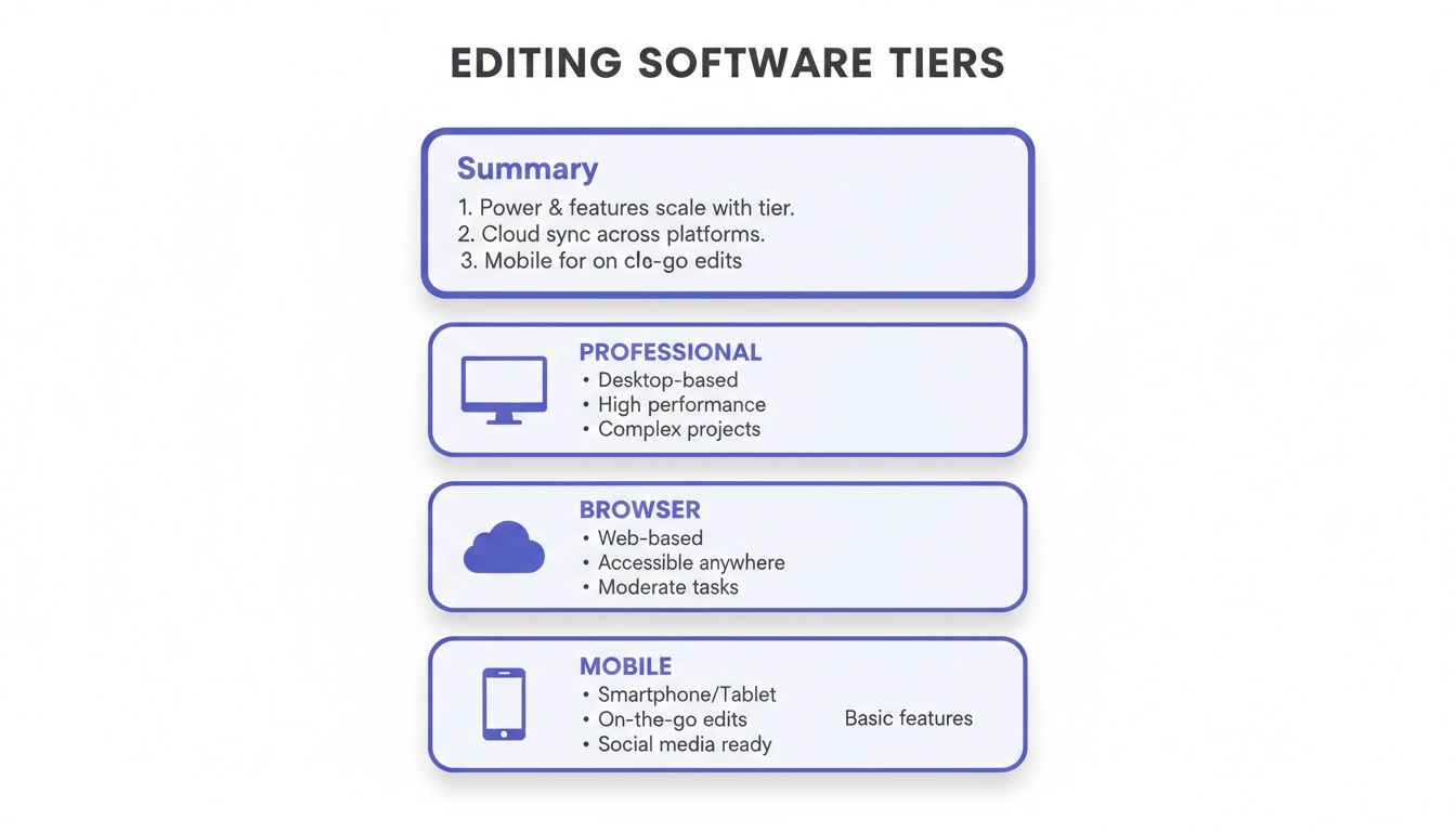 An infographic detailing editing software tiers: Professional, Browser, and Mobile, with features for each.