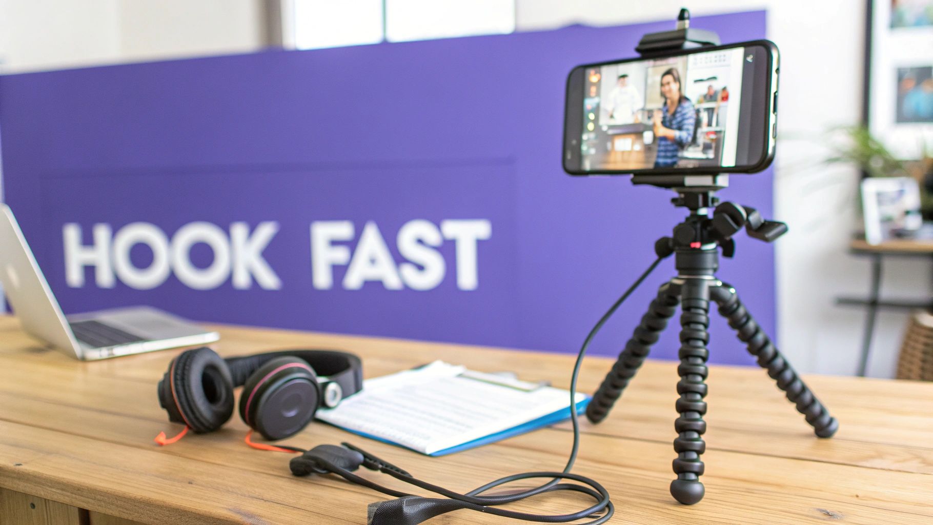 A smartphone on a tripod recording a video, with headphones, laptop, and clipboard on a wooden desk.