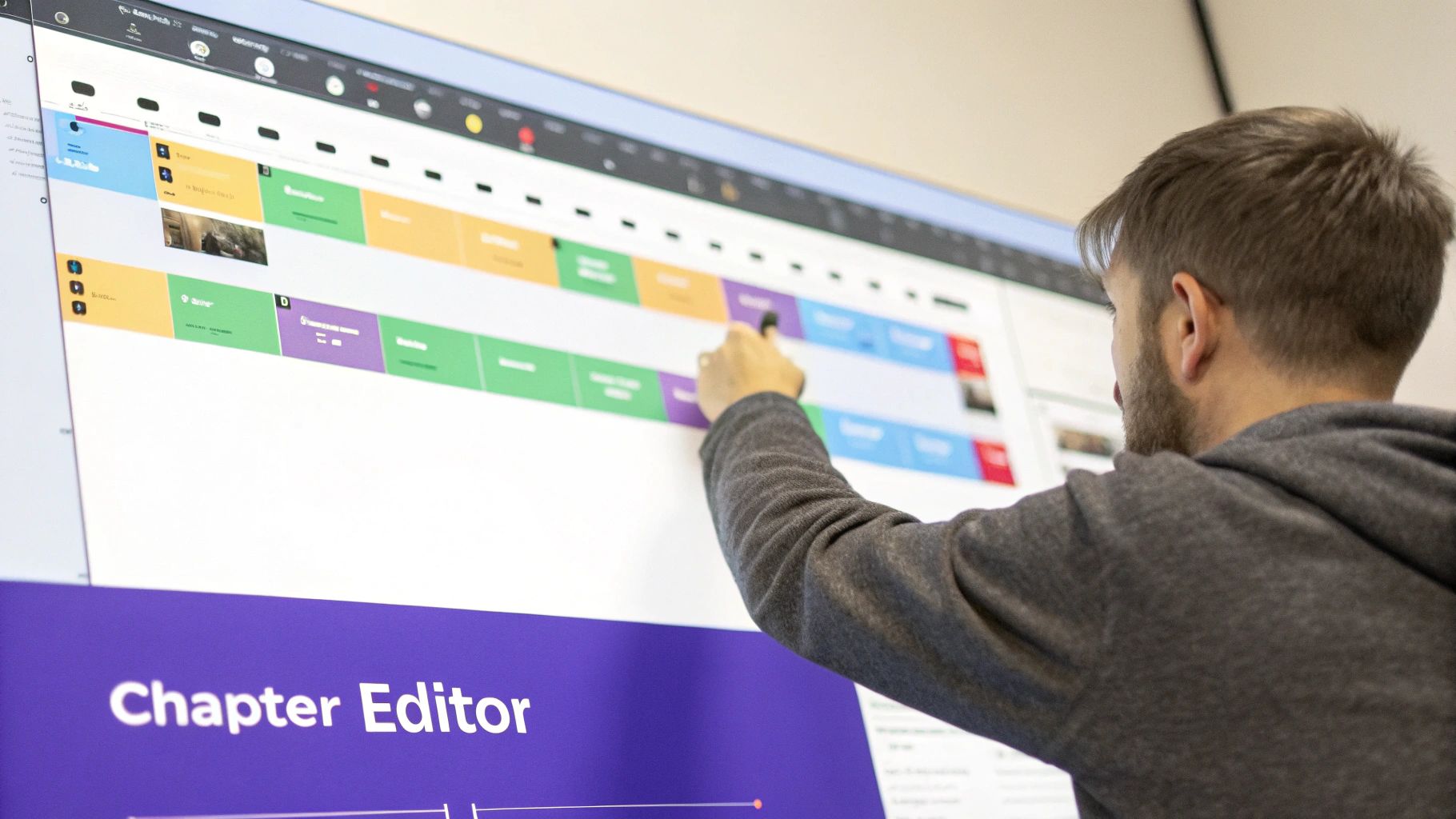 Man editing video chapters on a large digital screen using a touch interface.