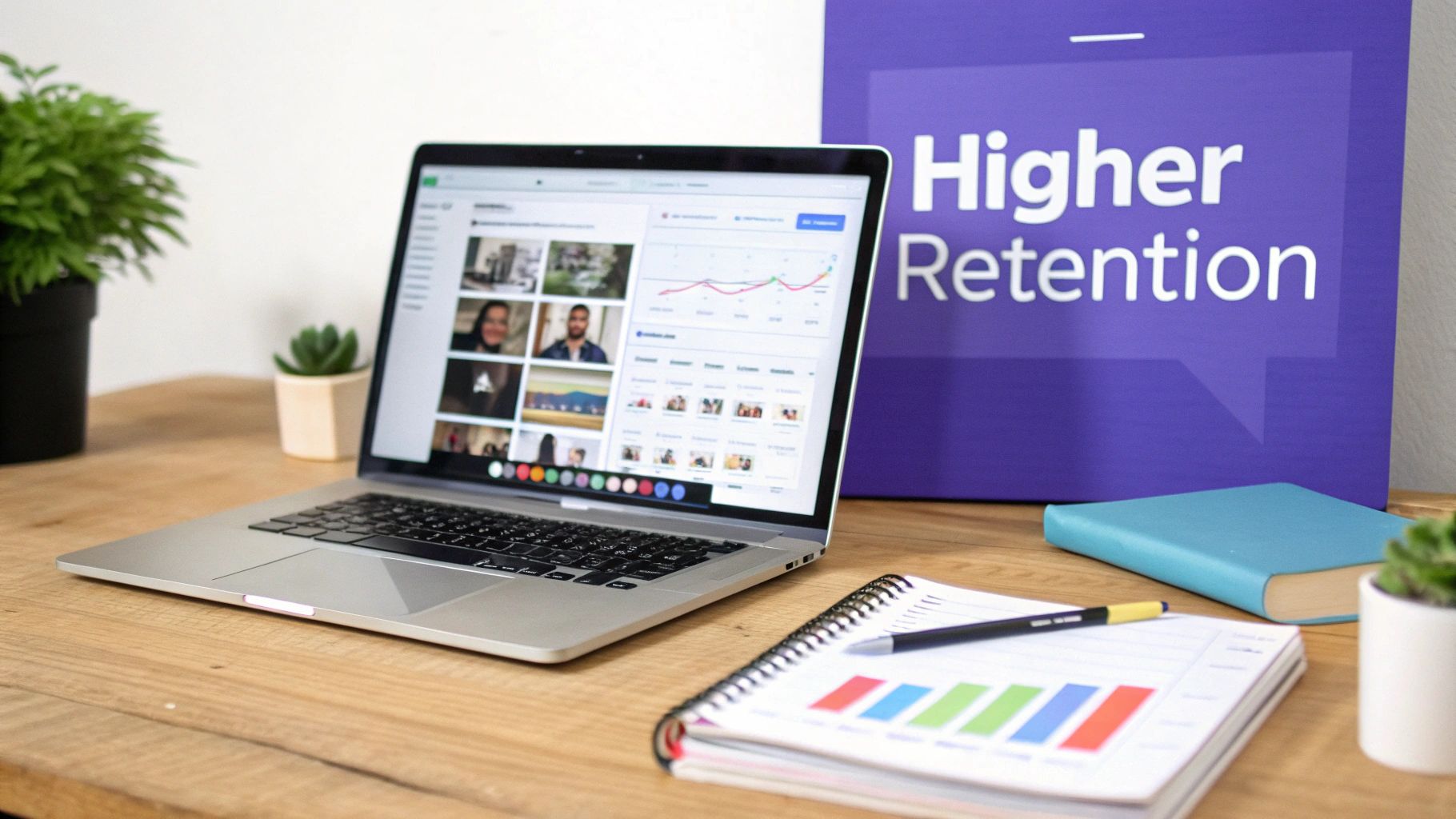 A laptop on a wooden desk displaying a dashboard with graphs, user profiles, and a 'Higher Retention' sign.