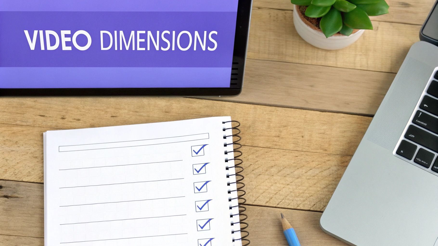 A tablet displays "VIDEO DIMENSIONS" next to a checklist notebook, laptop, and plant on a wooden desk.