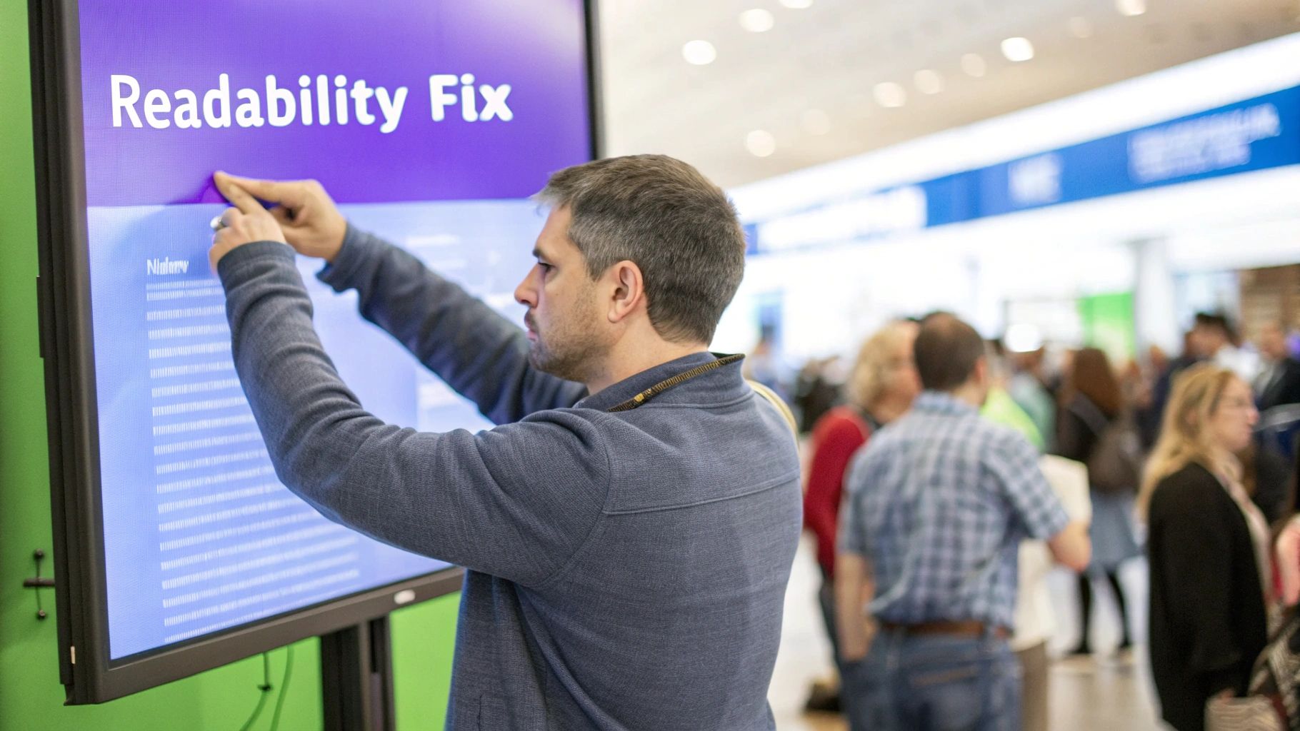 A man interacts with a large digital display screen showing "Readability Fix" at an event.