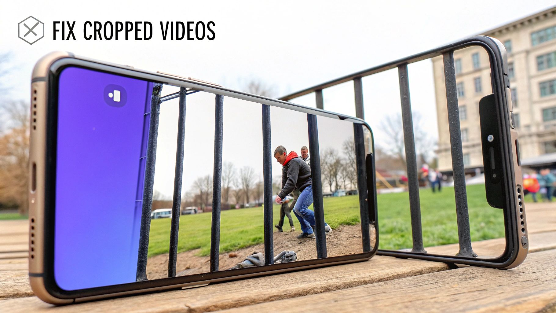 A smartphone displays a video of two men on a field behind a fence, with 'FIX CROPPED VIDEOS' text.