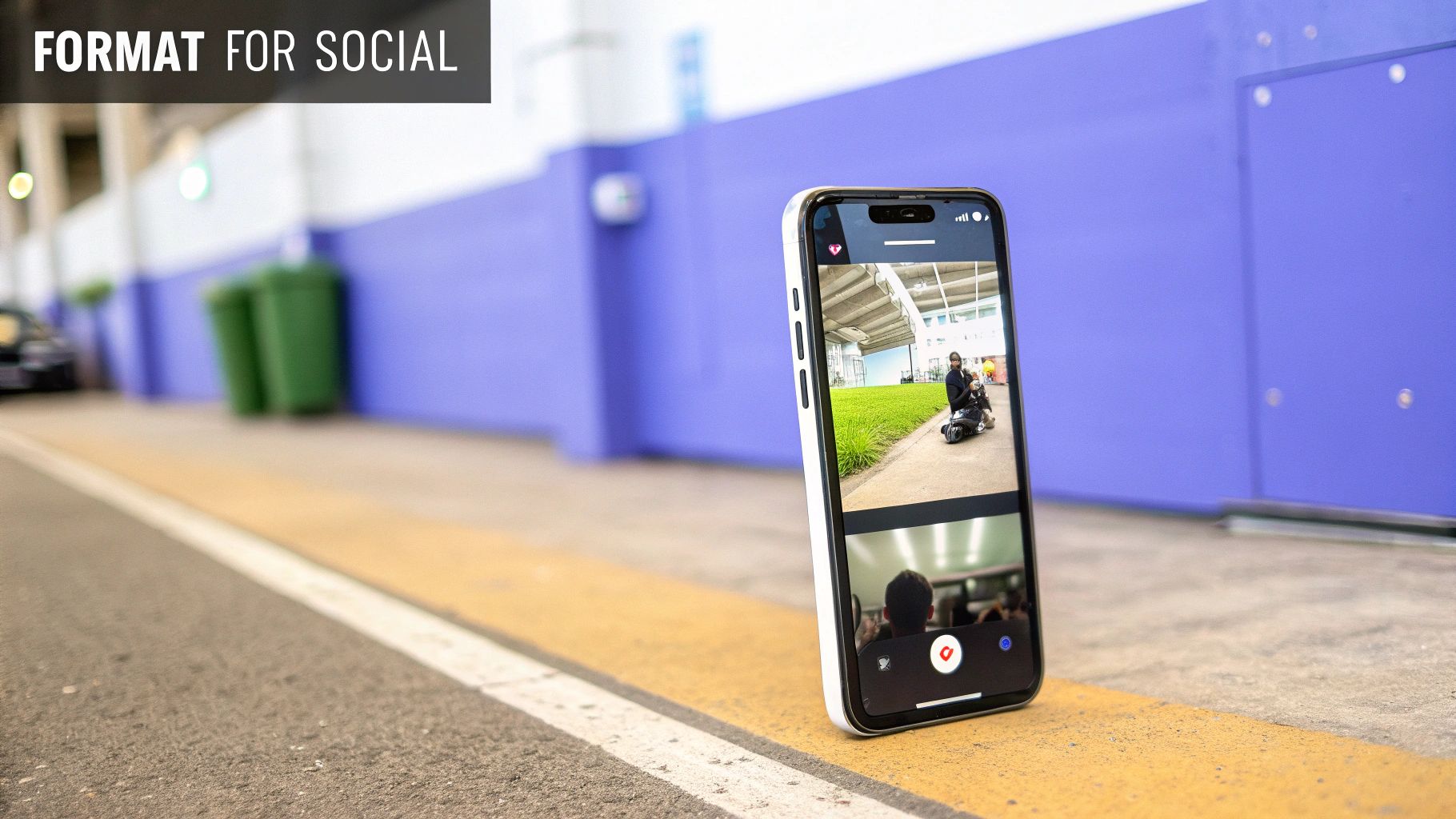 A white smartphone stands upright on a yellow road line, displaying a video of a person on a scooter.