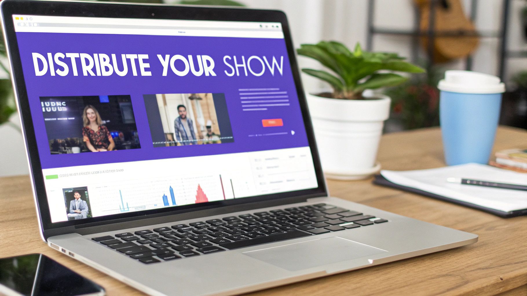 A laptop on a wooden desk displaying a website about distributing shows or podcasts.
