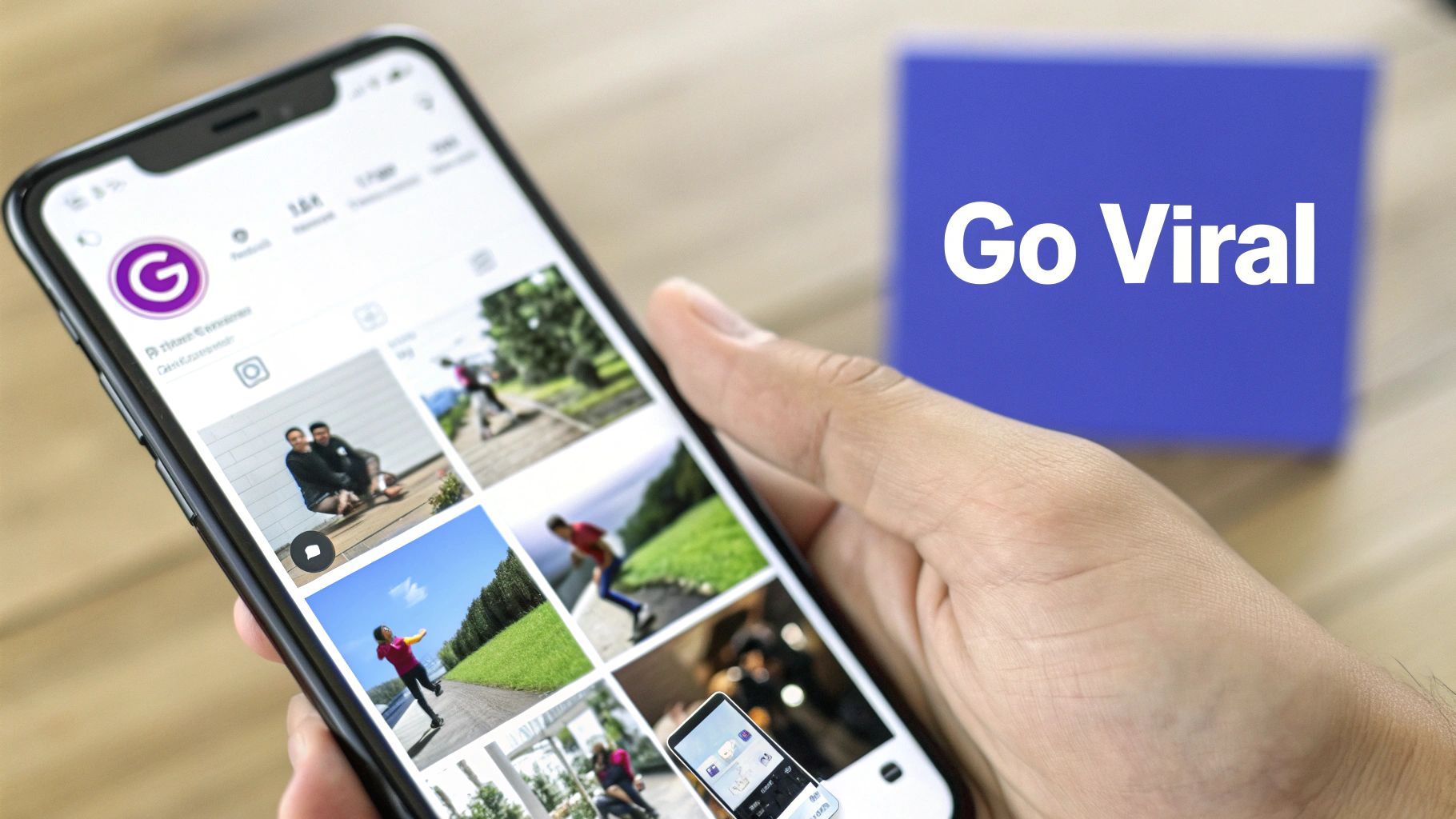 A person holds a smartphone displaying a social media feed, with 'Go Viral' text on a blue background.