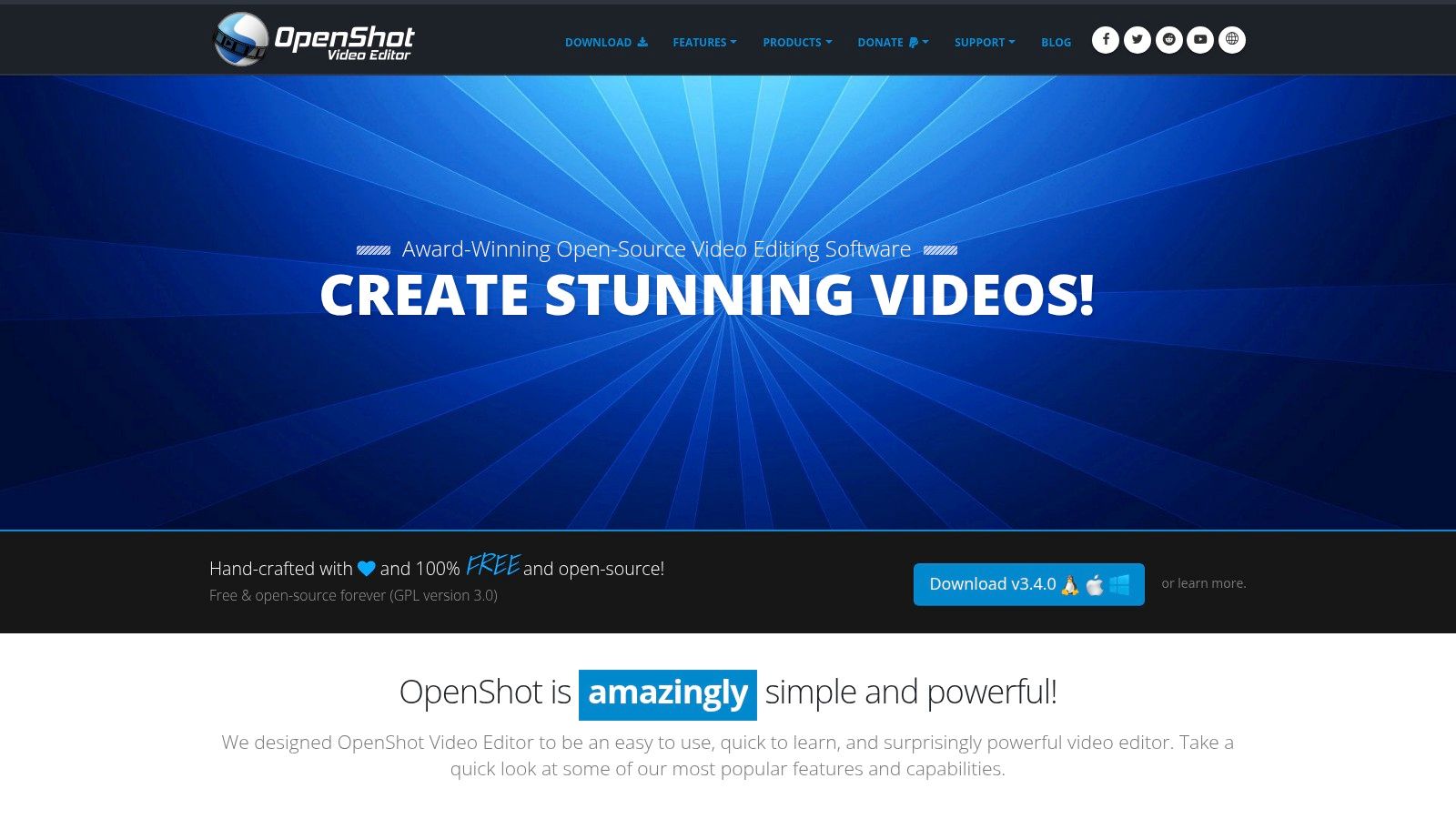 A screenshot of the OpenShot homepage, showcasing its user-friendly interface and multi-platform compatibility.