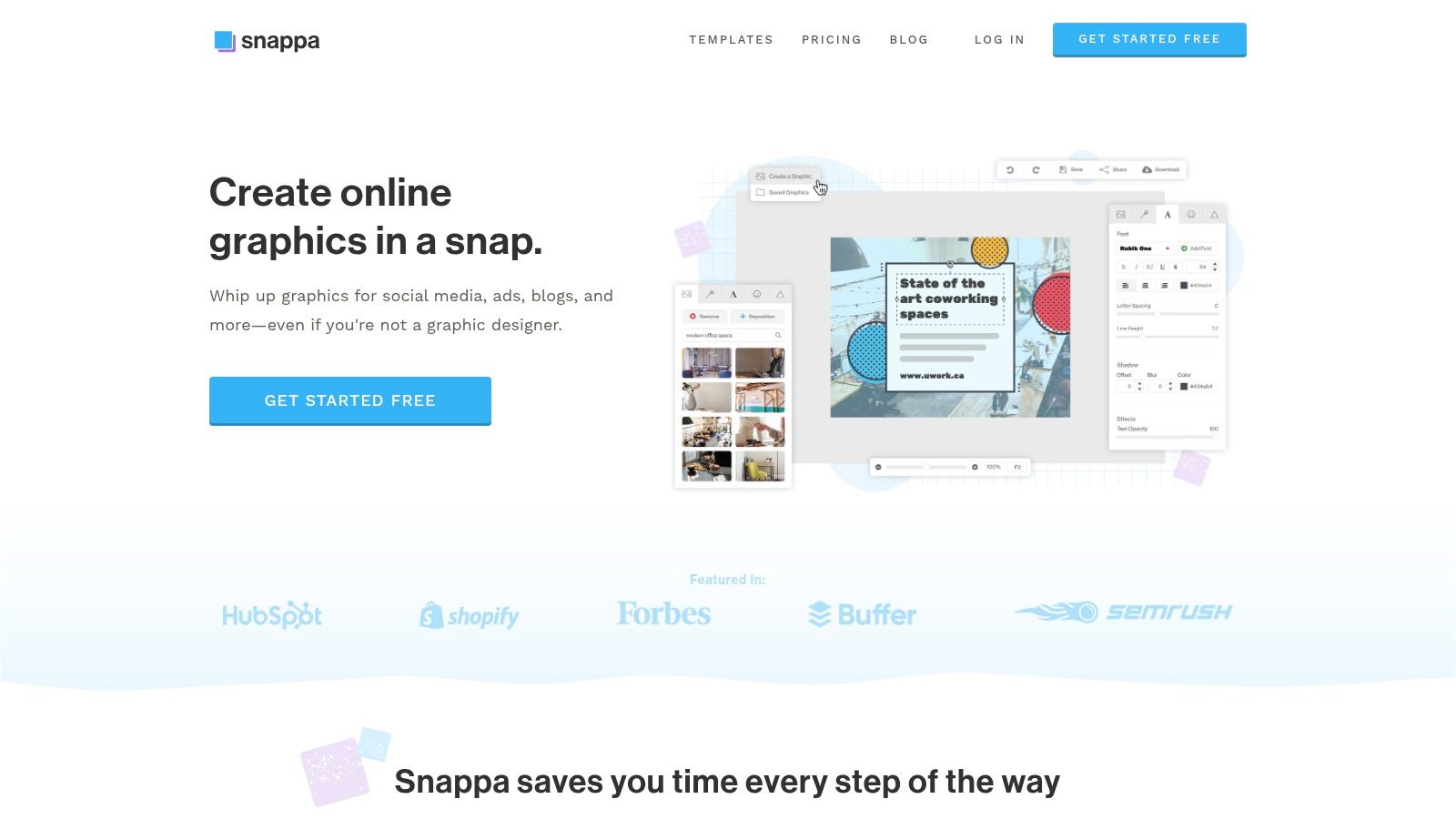 A screenshot of the Snappa interface showing its YouTube thumbnail templates and design workspace.