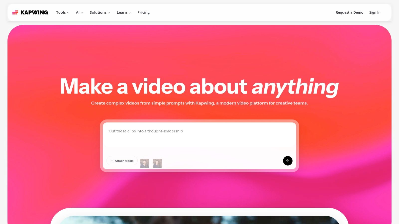 A screenshot of the Kapwing interface, showcasing its video and image editing tools alongside YouTube thumbnail templates.