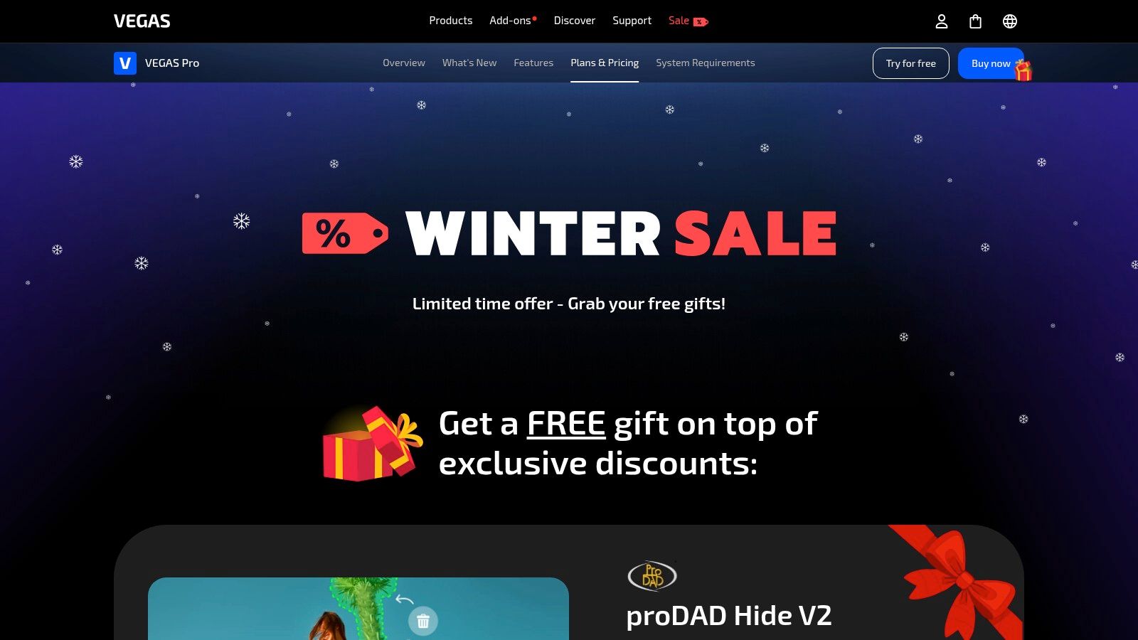 A promotional image for VEGAS Pro, highlighting a sale on their video editing software suites.