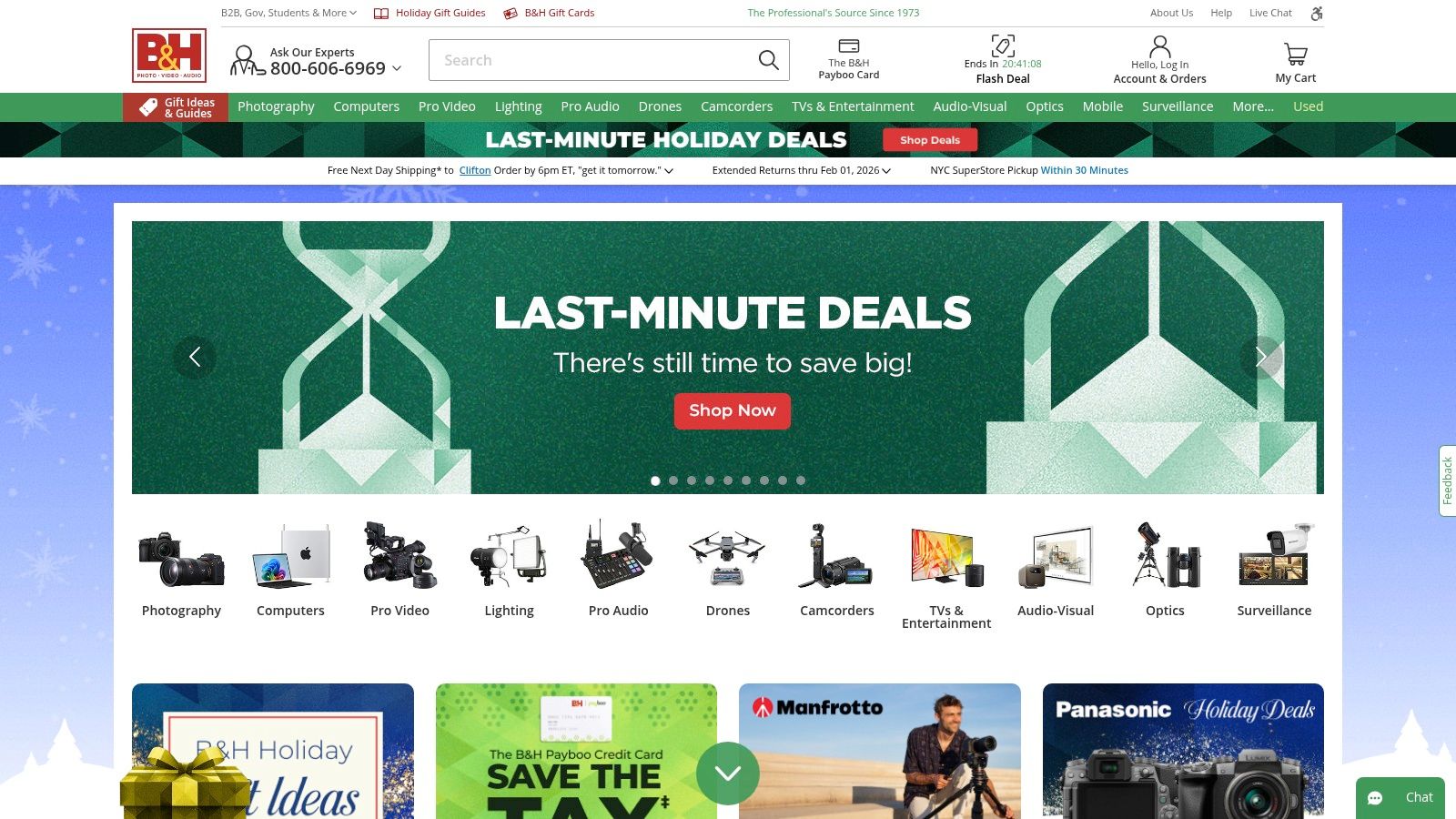 An image of the B&H Photo Video website homepage, showcasing their extensive selection of creator gear, including cameras, microphones, and lighting kits.