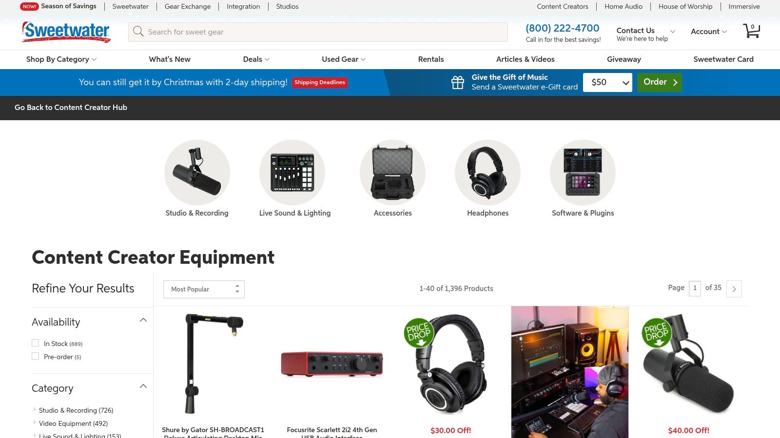 A view of the Sweetwater website's dedicated Content Creator shop, showcasing categories like podcasting, streaming, and video.