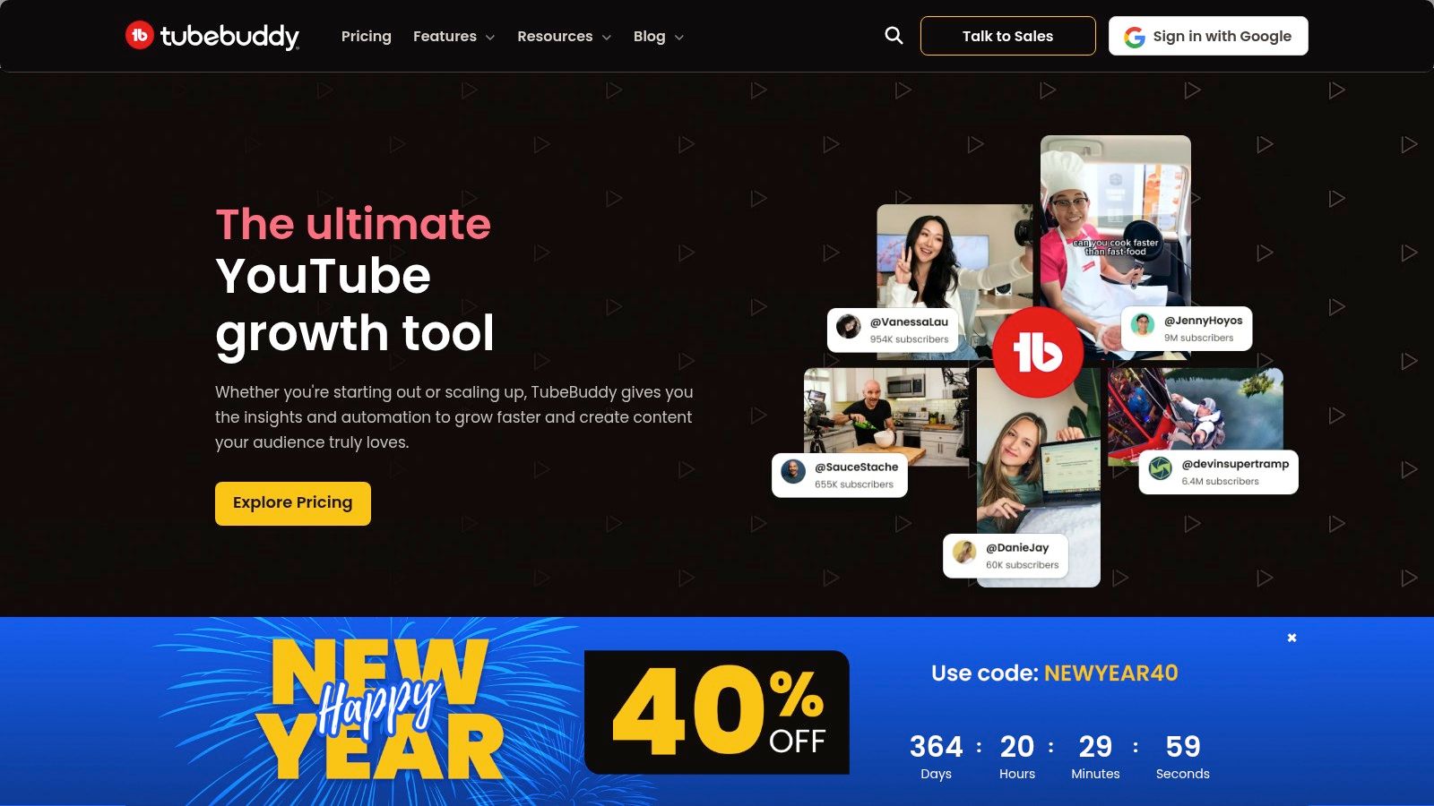 A screenshot of the TubeBuddy website homepage displaying its features for YouTube creators.
