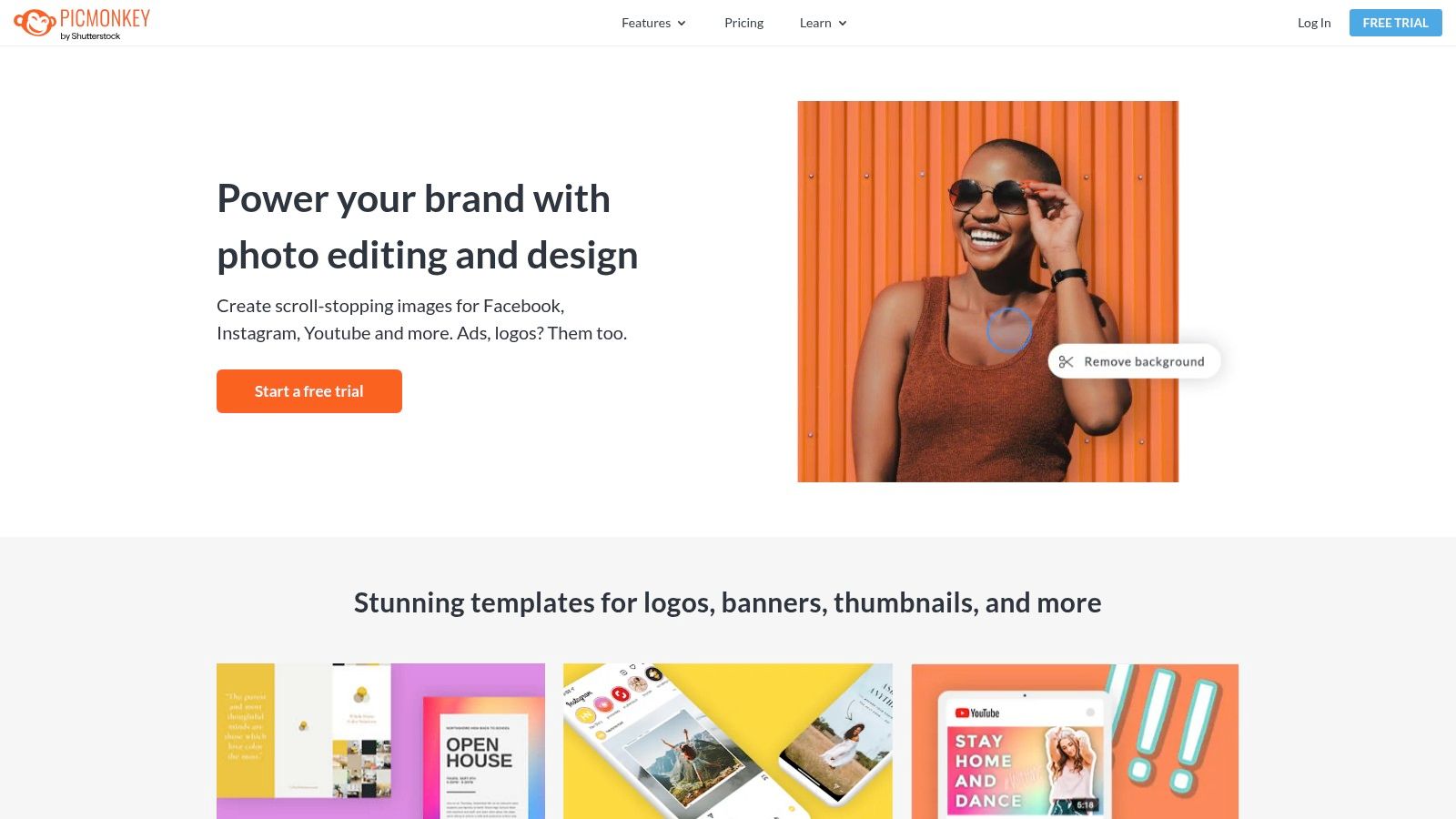 The PicMonkey editor interface showing a YouTube thumbnail template with various design and photo-editing tools available in the side panel.