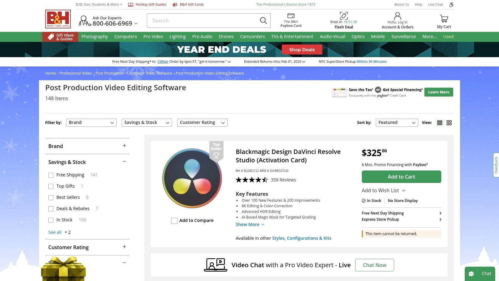 A screenshot of the B&H Photo Video website showing a listing page for video editing software, with various products like DaVinci Resolve Studio and Adobe Premiere Pro displayed.