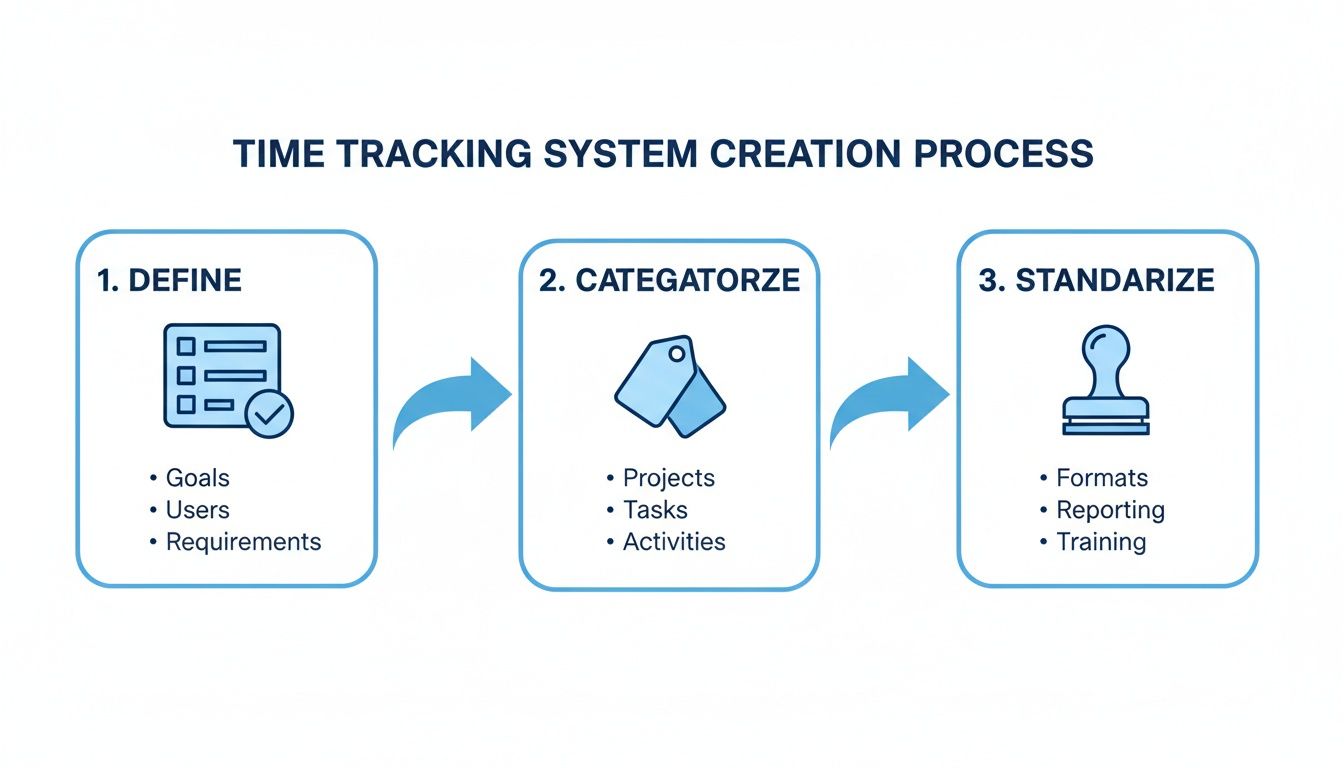 Diagram outlining the three-step process for creating a time tracking system: Define, Categorize, and Standardize.