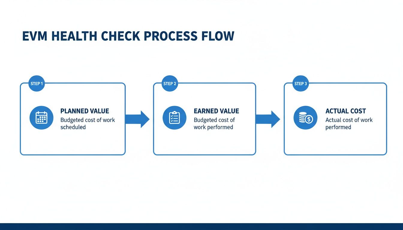 EVM health check process flow outlining planned value, in earned value, and actual cost calculations.