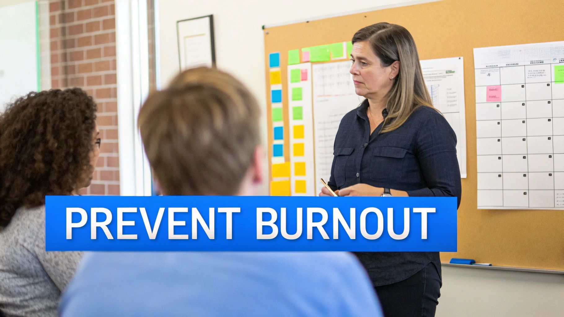 A woman leads a session in a classroom, with 'PREVENT BURNOUT' text overlaid on the image.