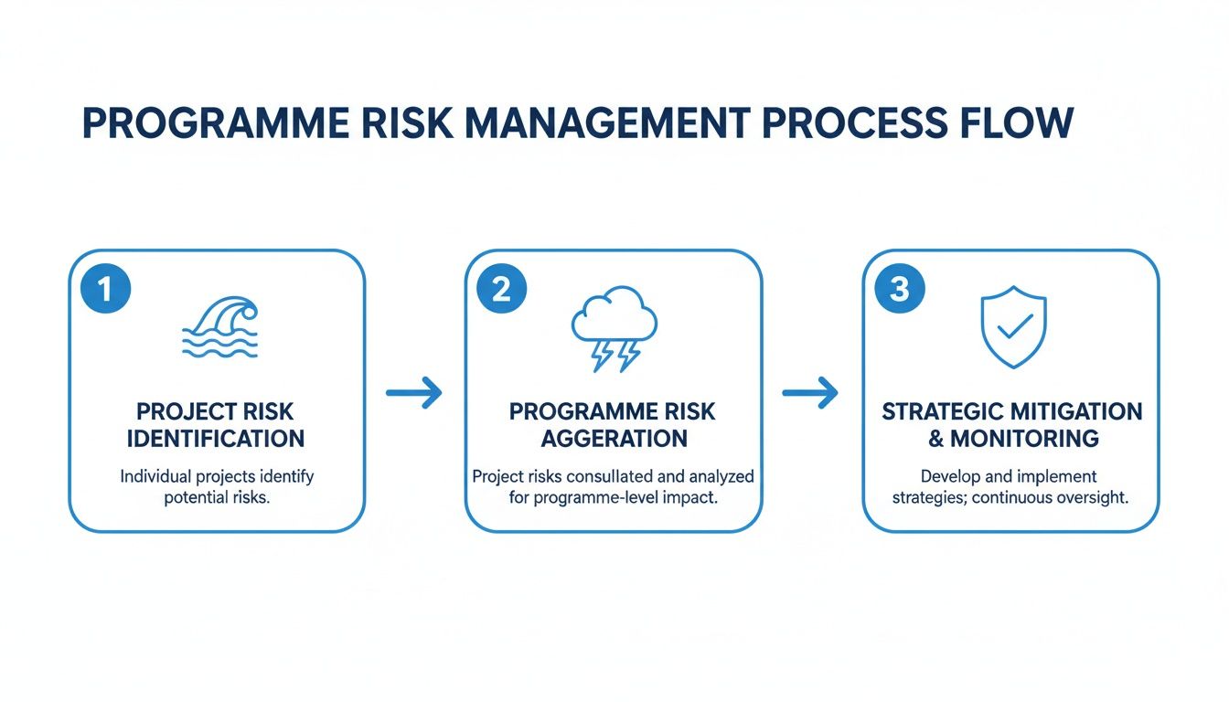 Flowchart illustrating the three-step programme risk management process from identification to mitigation and monitoring.
