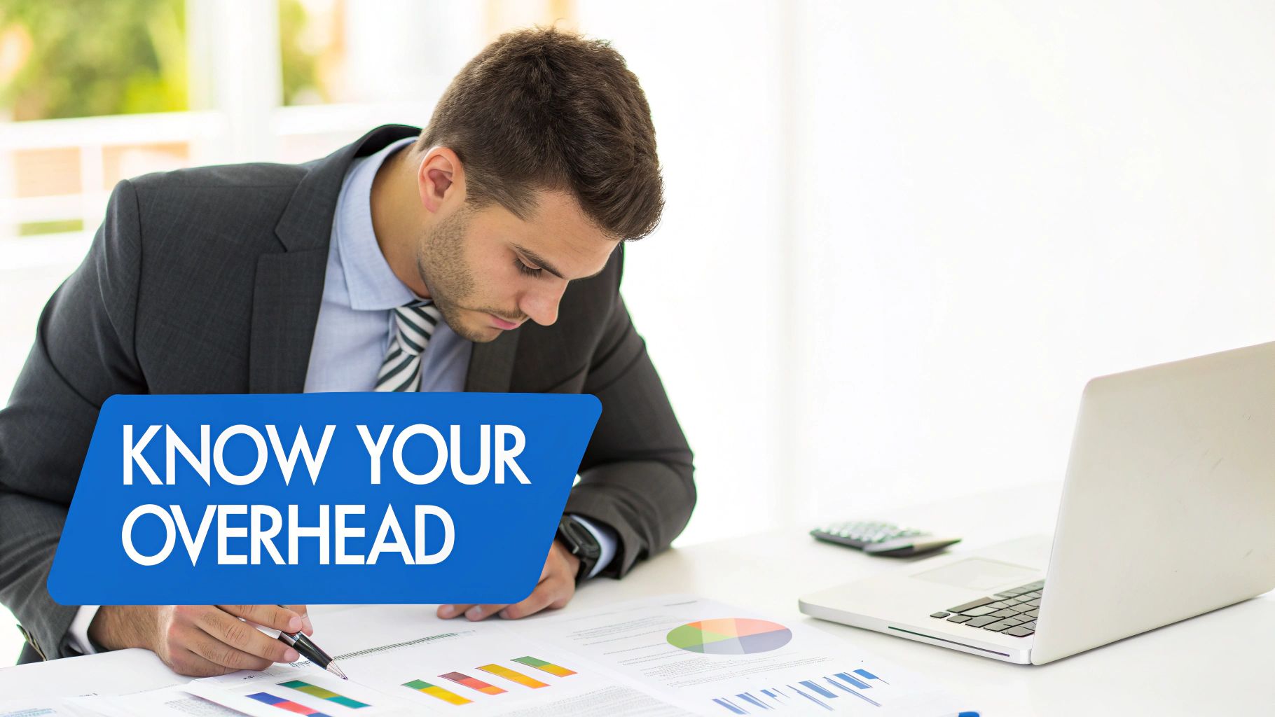 Businessman reviewing financial documents and charts, with 'KNOW YOUR OVERHEAD' text overlay.