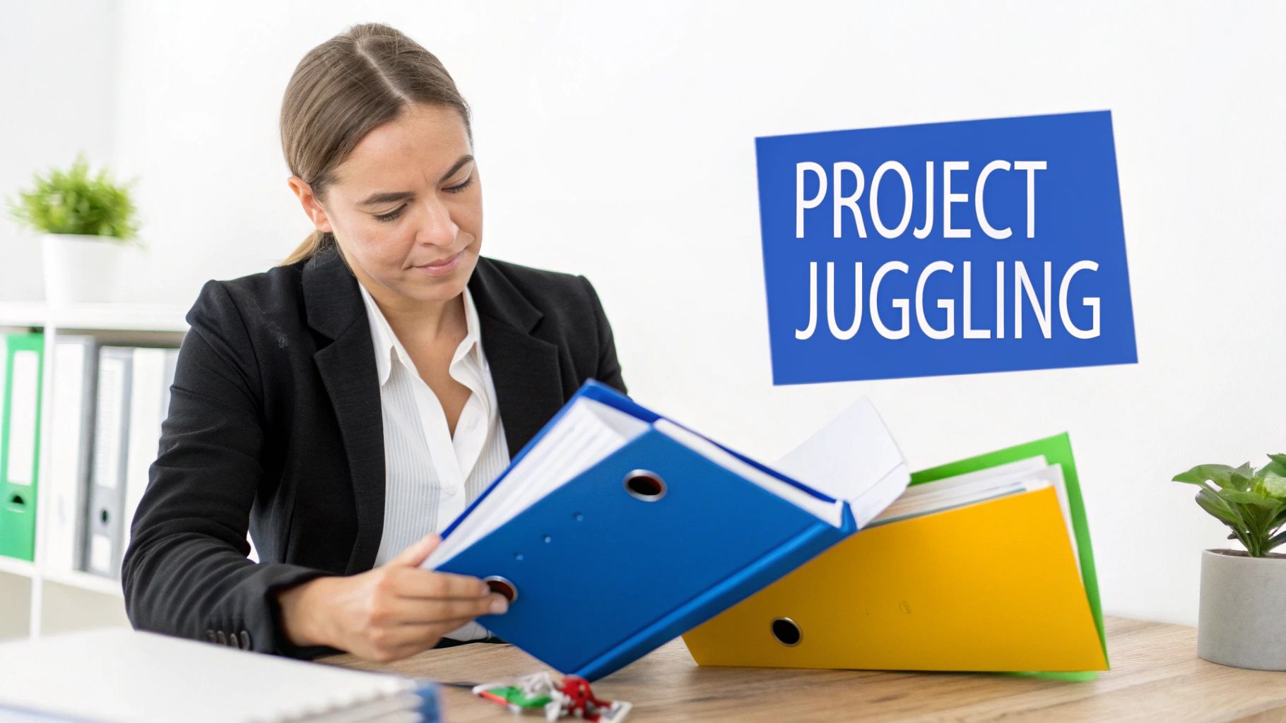 A businesswoman reviews documents in a blue binder, surrounded by other folders on a desk. 'PROJECT JUGGLING' text is visible.