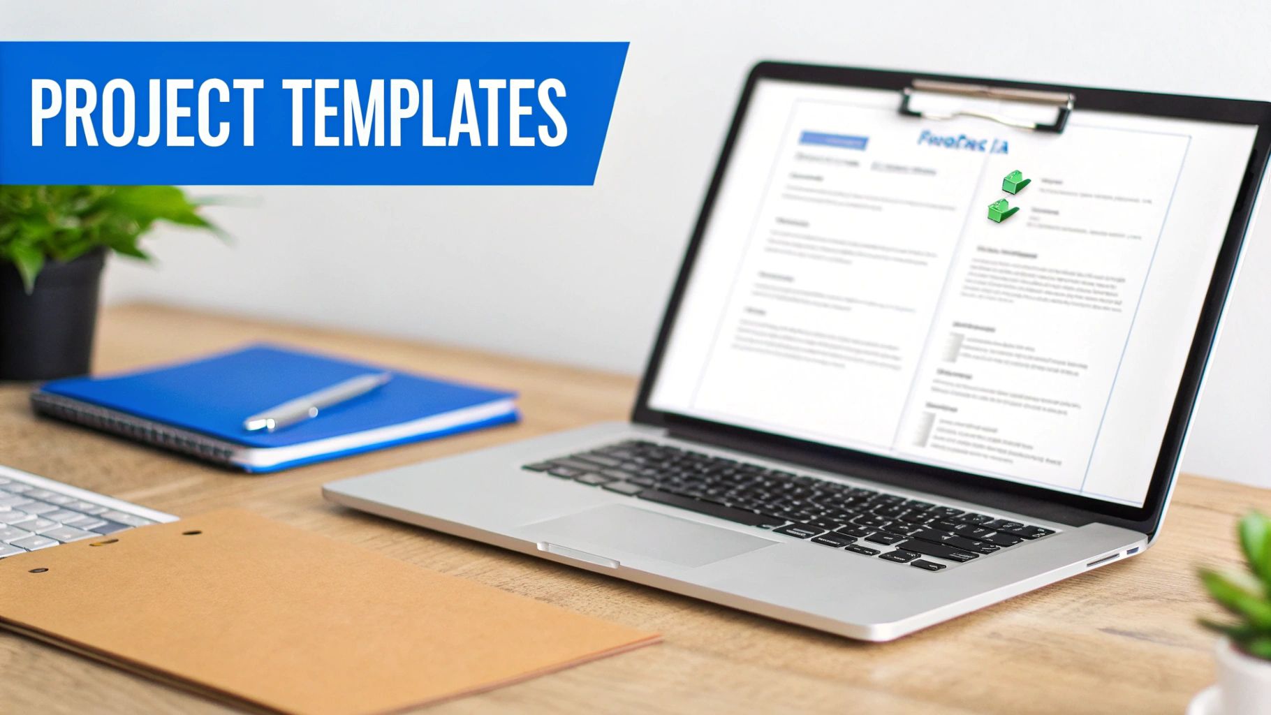 A blue banner displays 'PROJECT TEMPLATES' above a desk with a laptop showing a document, a notebook, and a plant.