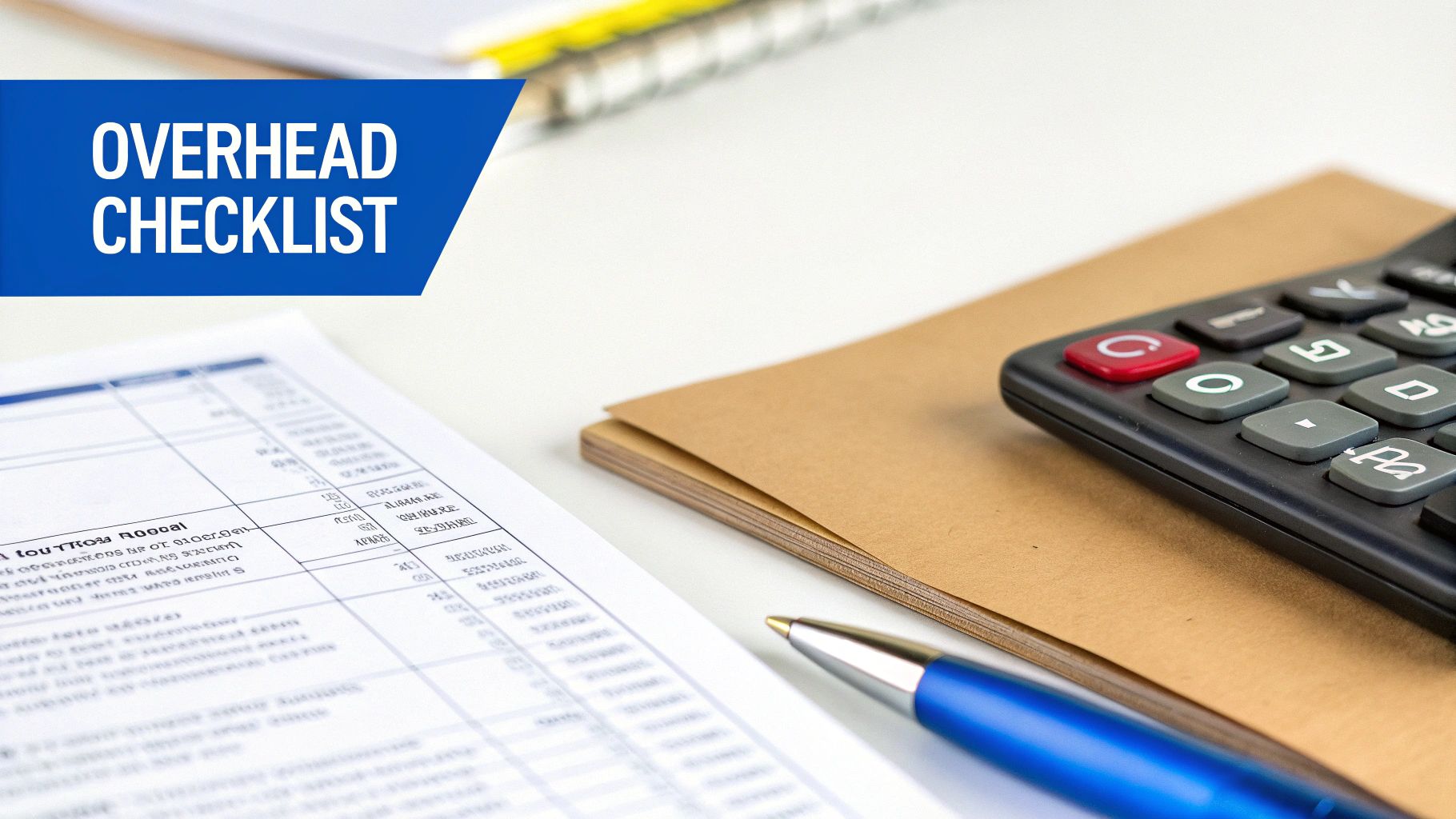 Overhead checklist document on a desk with a calculator and blue pen, ready for financial calculations.