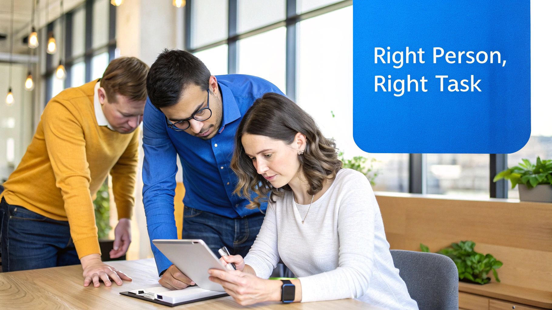 Three business professionals collaborating on project tasks at modern office workspace together