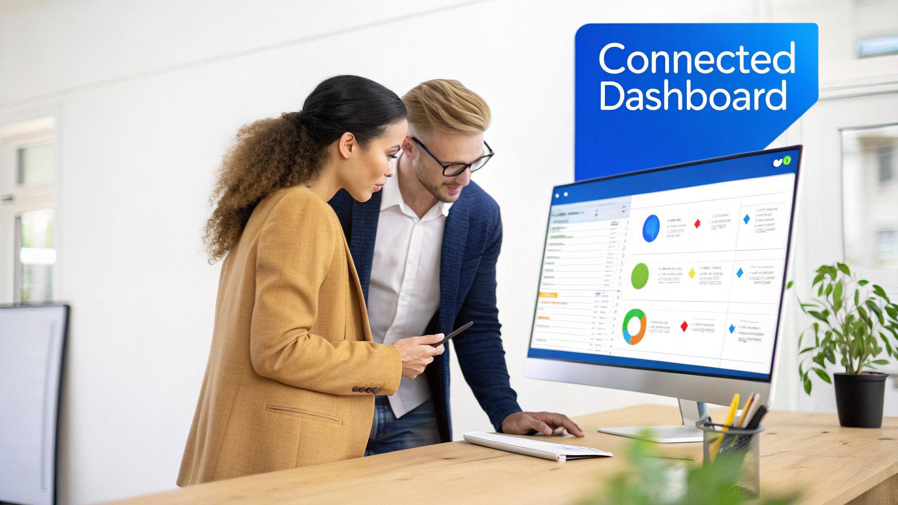 Man and woman collaborating on a 'Connected Dashboard' displayed on a desktop monitor in a modern office.