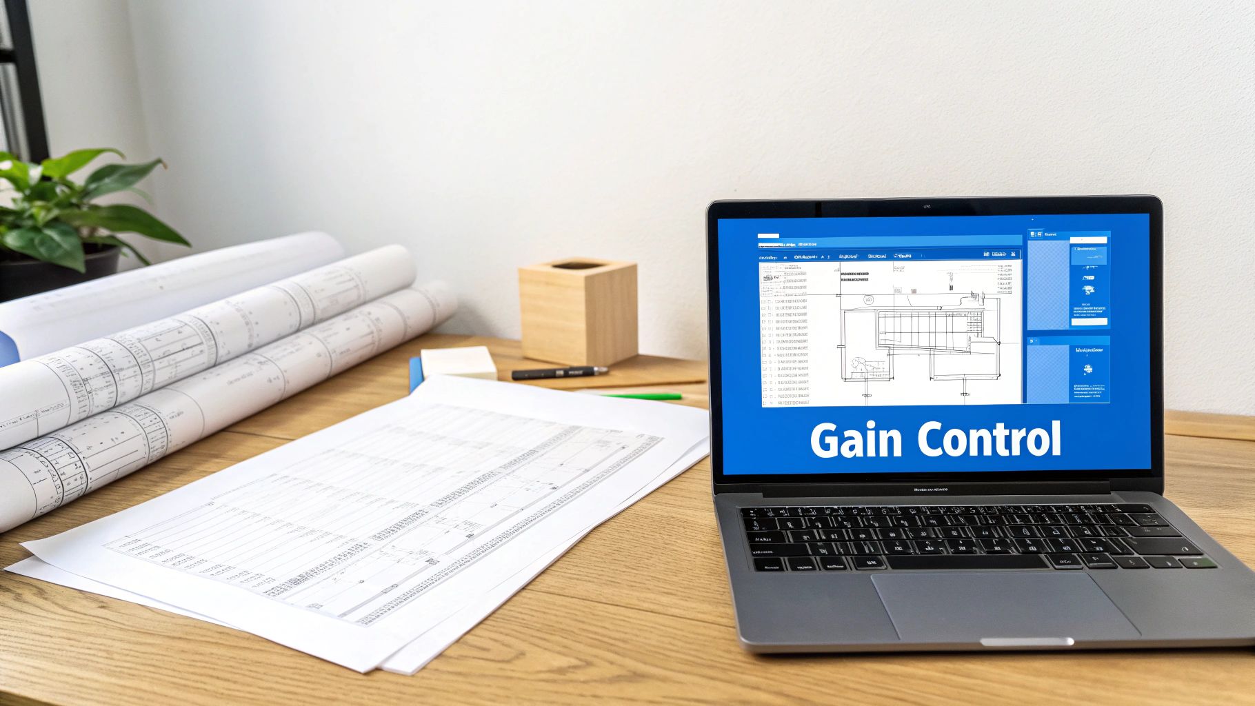 Desk with rolled blueprints, technical drawings, a plant, and a laptop displaying 'Gain Control'.