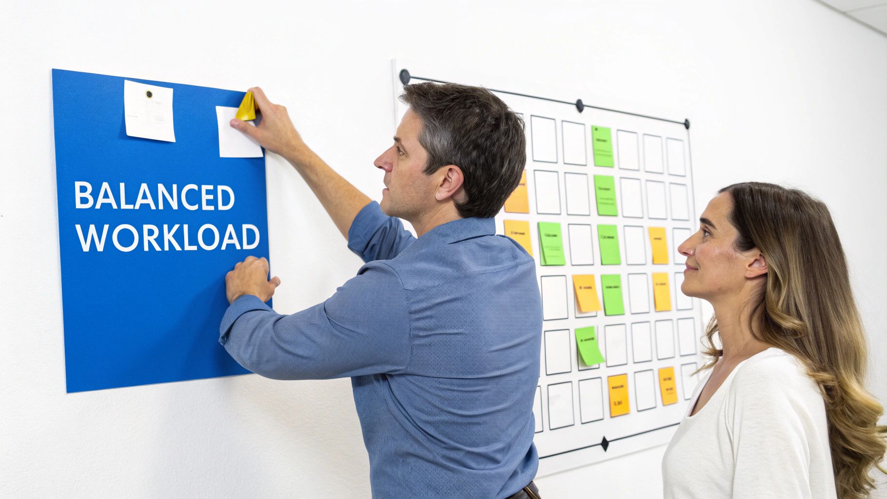 A man and woman collaborate on a visual board, organizing tasks for a balanced workload.