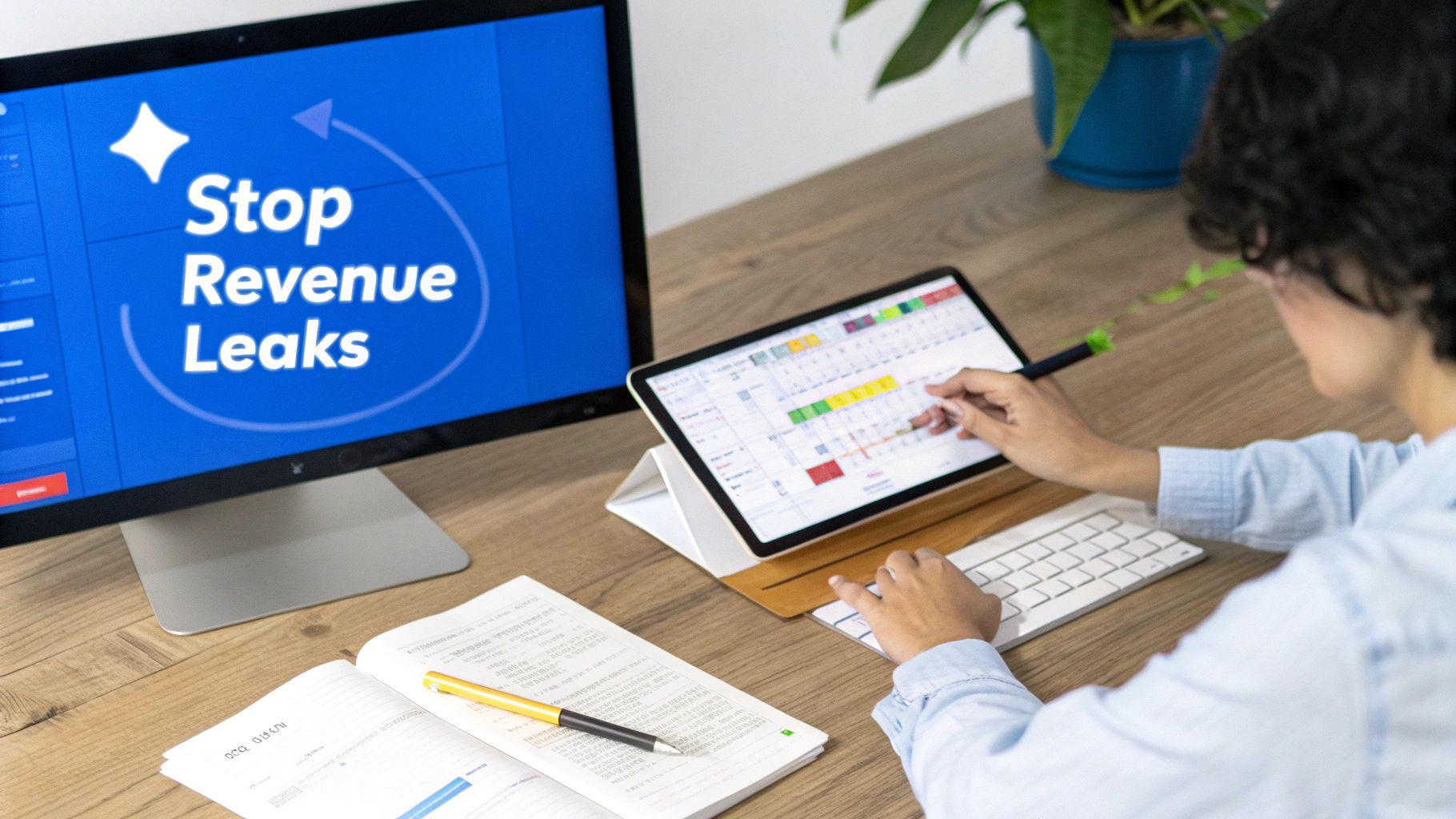 A person works at a desk, using a tablet and keyboard, with a monitor displaying 'Stop Revenue Leaks'.