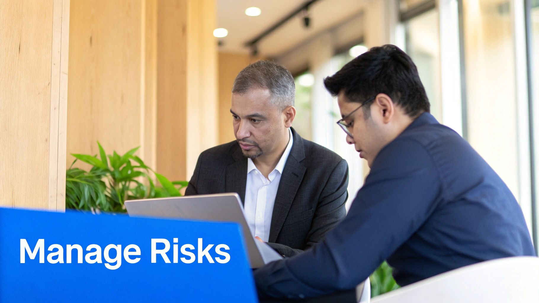 Two business professionals collaborate on a laptop in a modern office, discussing risk management.