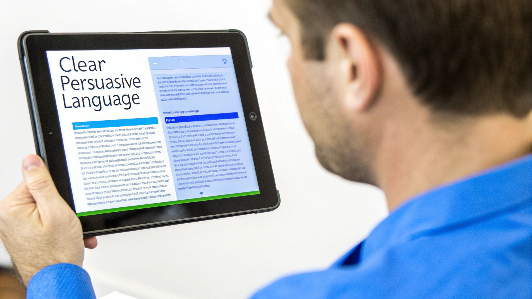 Man reading an article on a tablet about clear persuasive language.
