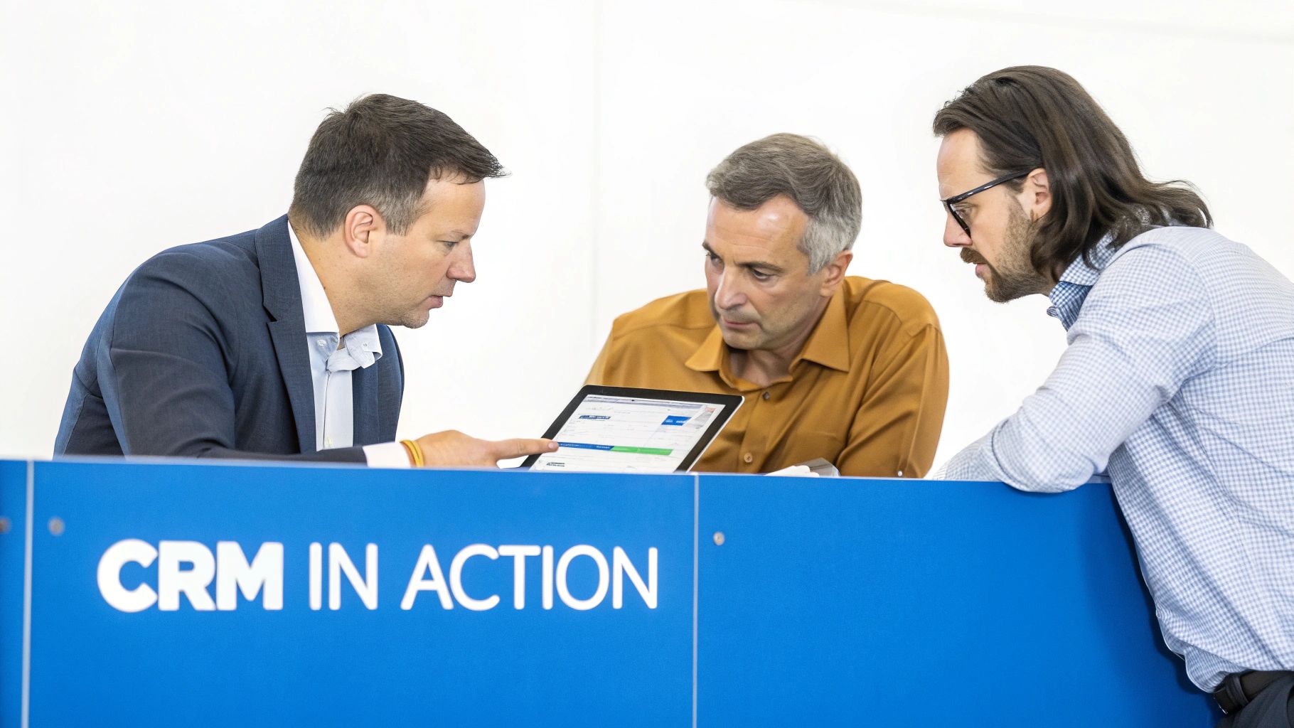 Three business professionals reviewing CRM software on tablet at demonstration booth