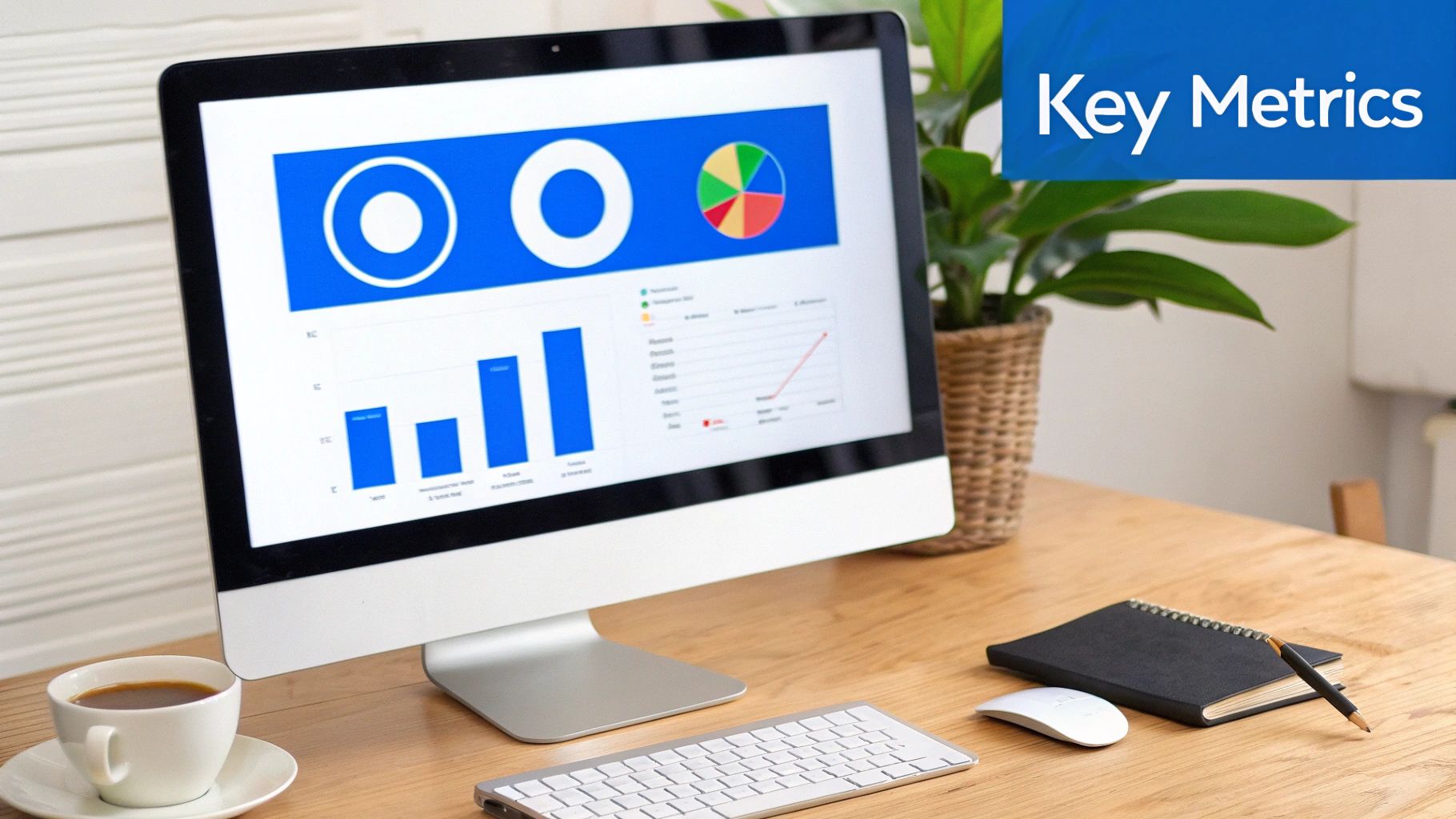Desktop computer showing key metrics, data charts, and graphs for business analysis on a wooden desk.