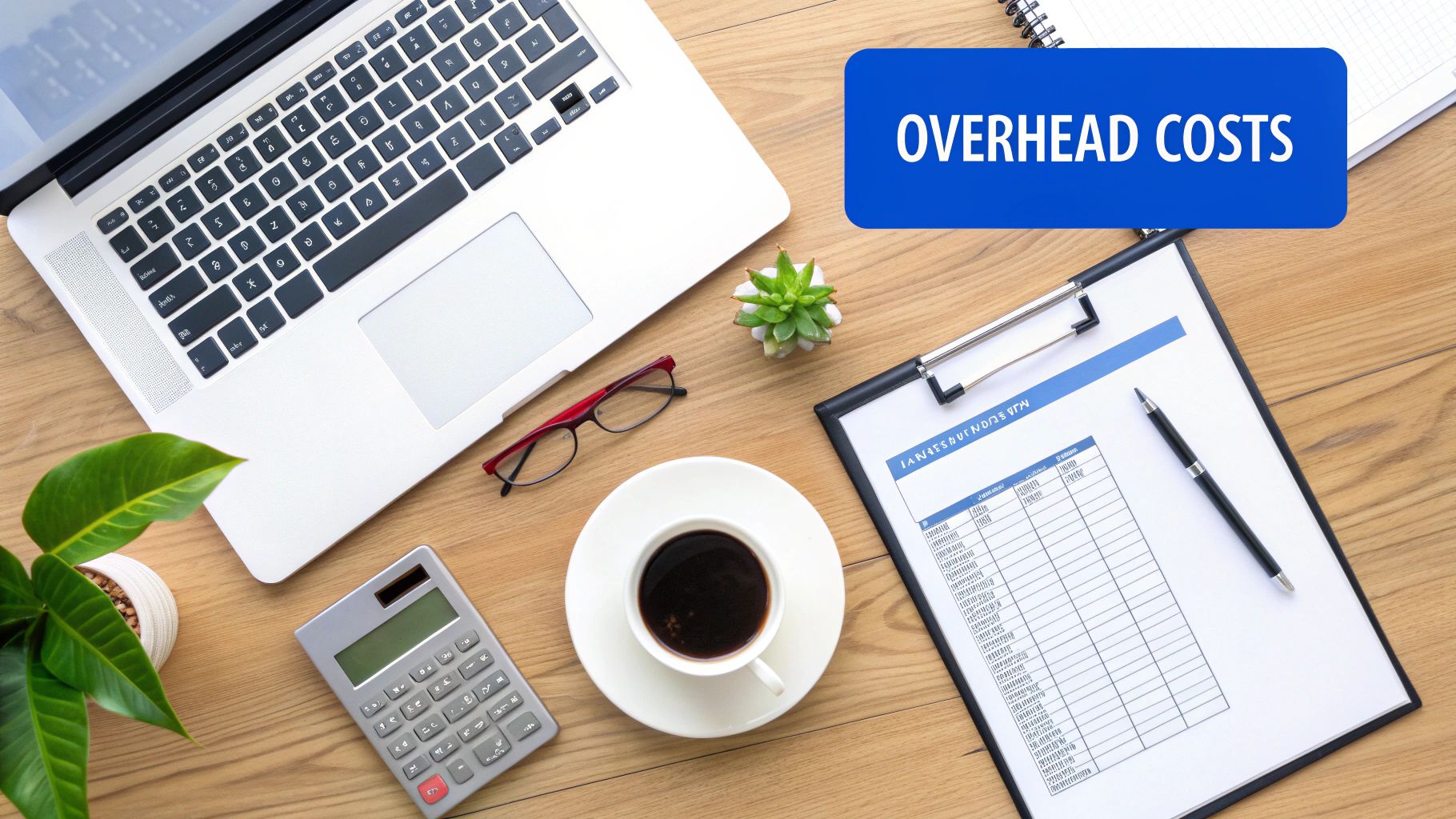 Desk flat lay with an 'OVERHEAD COSTS' sign, laptop, calculator, coffee, and spreadsheet.