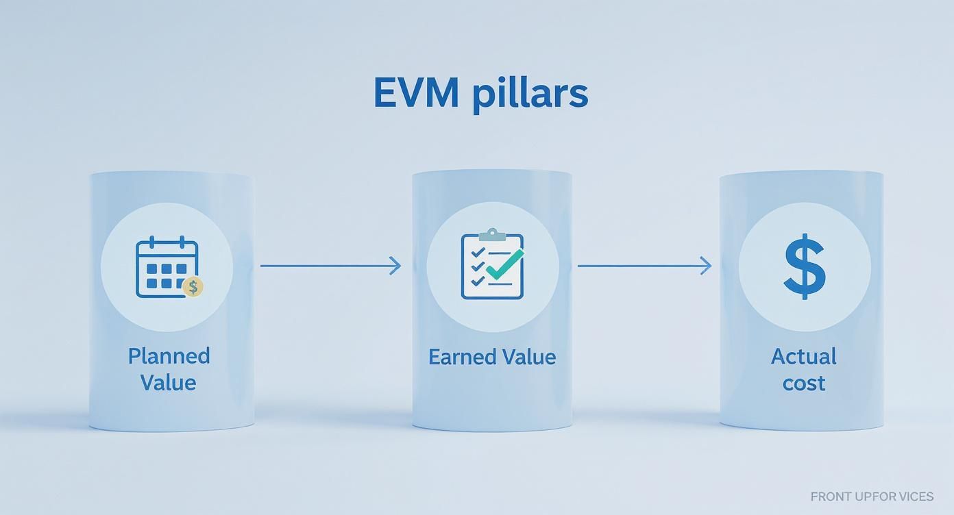 A visual representation of EVM pillars: Planned Value, Earned Value, and Actual Cost, depicted as three cylinders with icons.