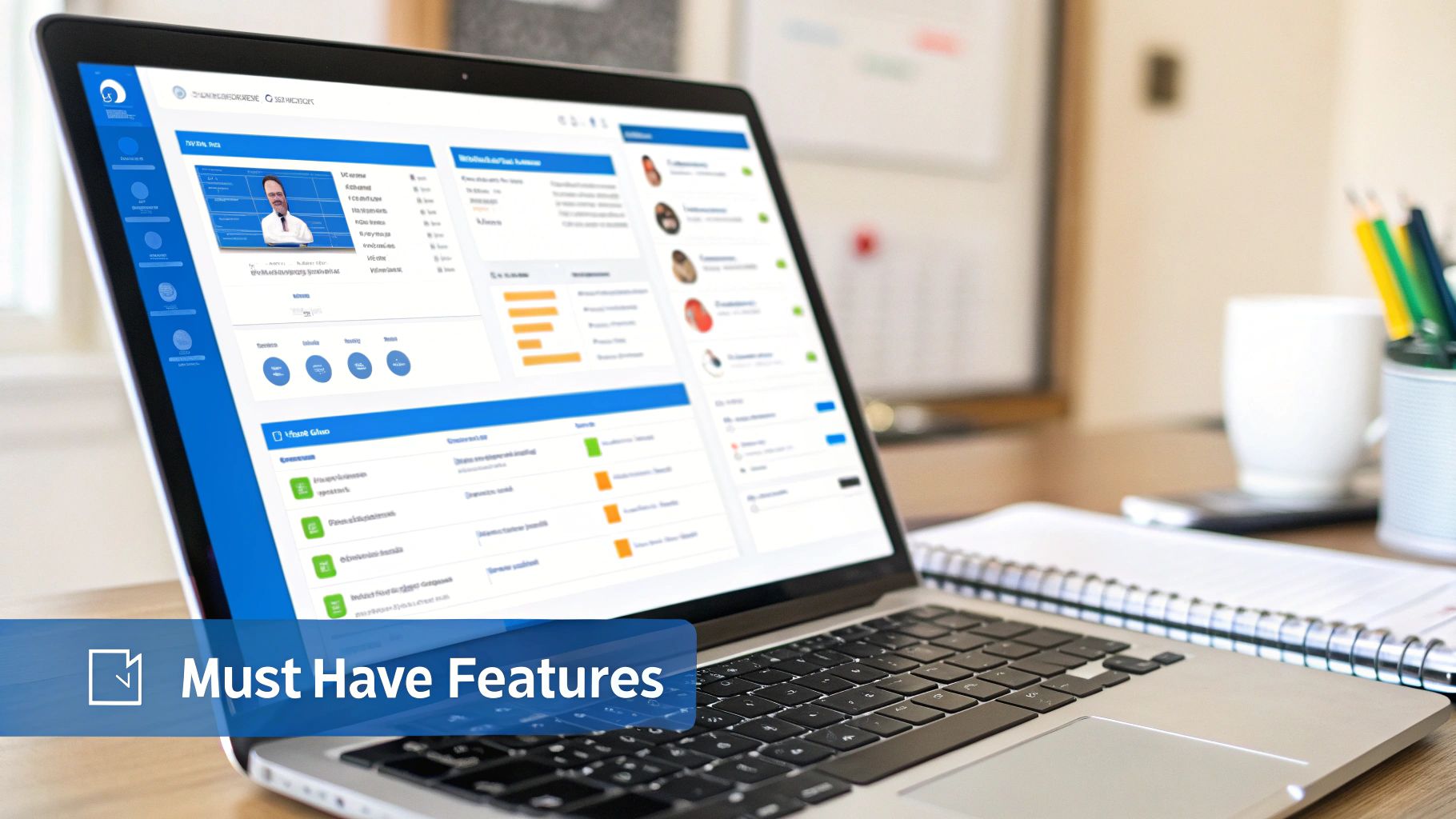 A person at a desk using a laptop with charts and graphs on the screen, illustrating CRM features.