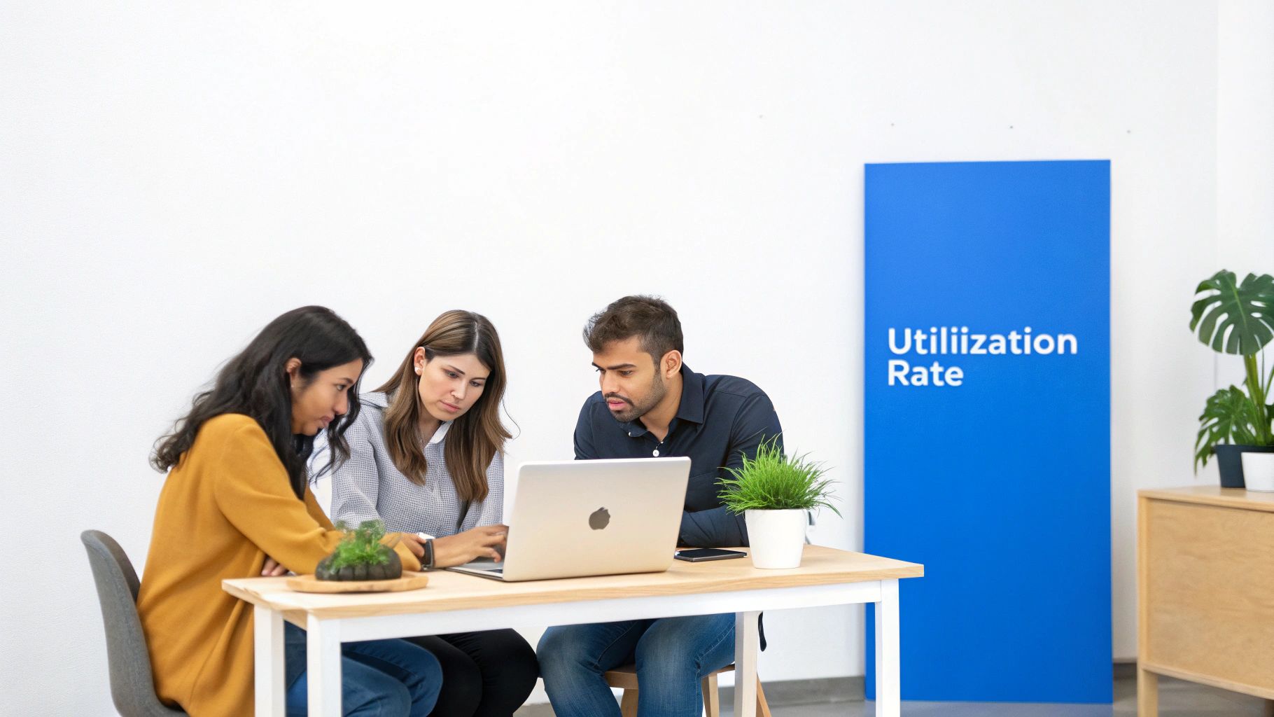 Three colleagues collaborate on a laptop in a modern office with a 'Utiliization Rate' sign.