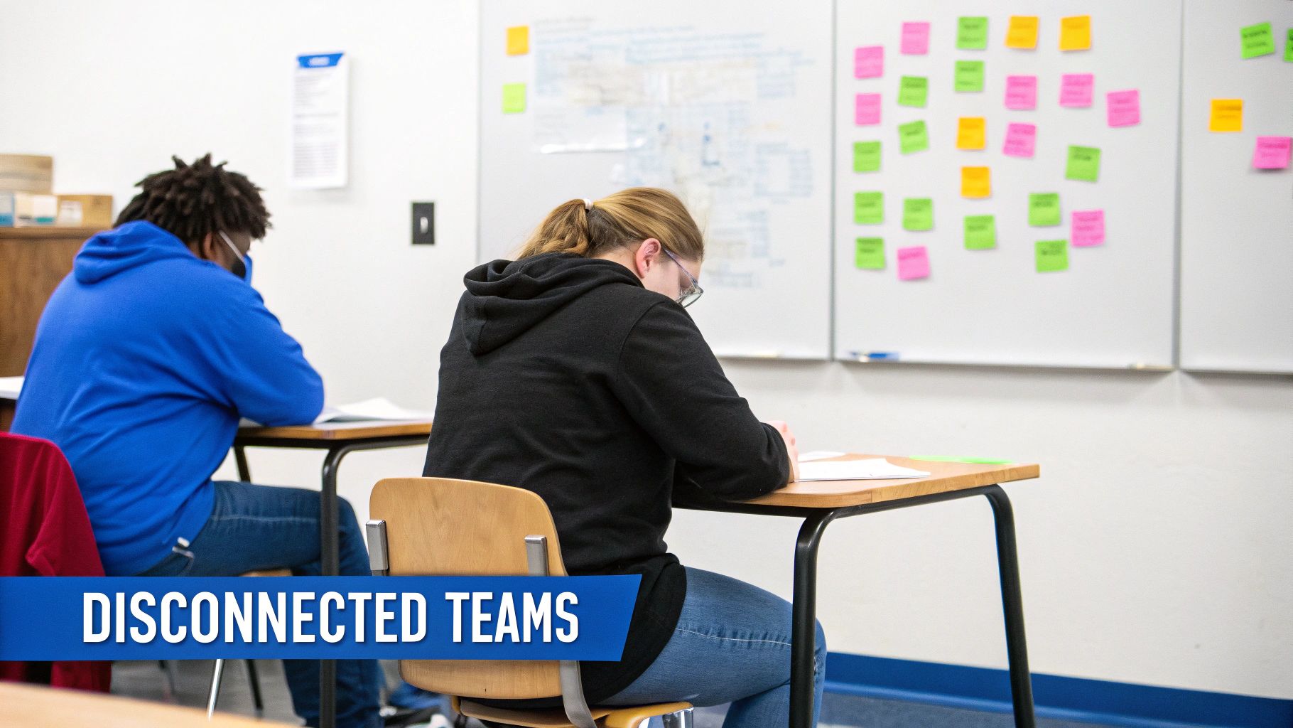 Two students work individually at separate desks in a brightly lit classroom setting.