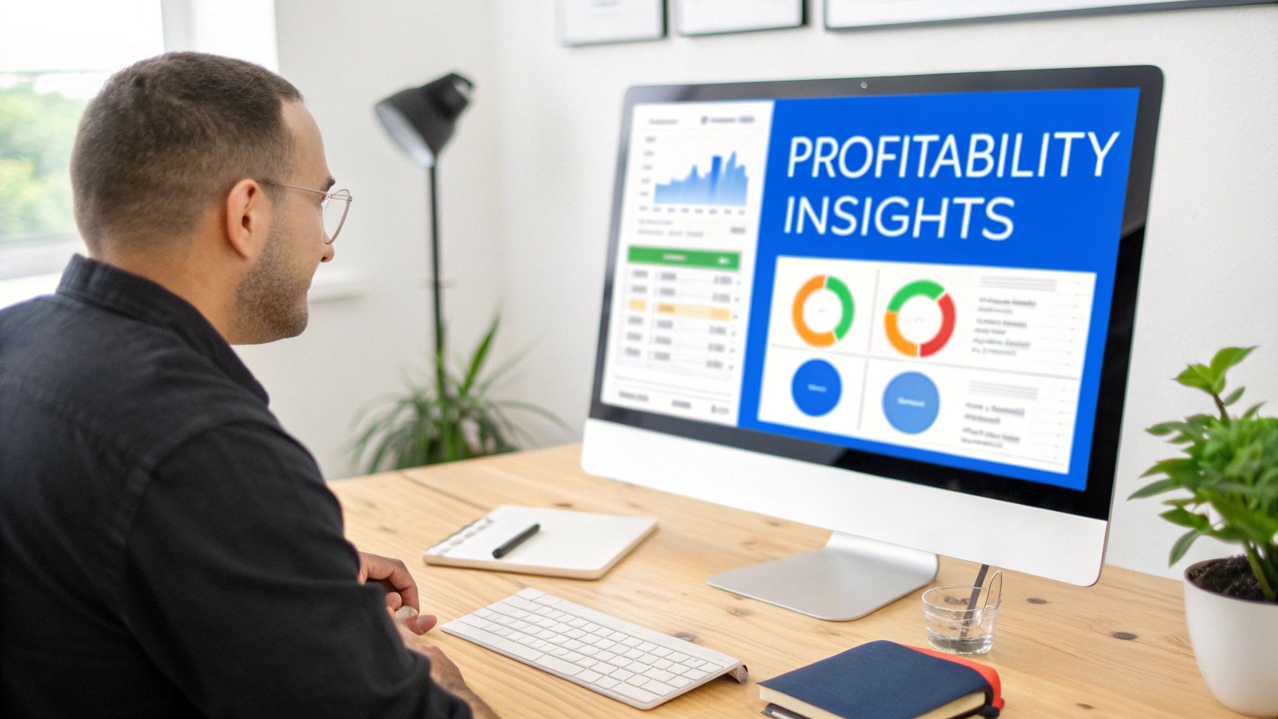 Man with glasses looking at a computer screen showing profitability insights and business analytics.