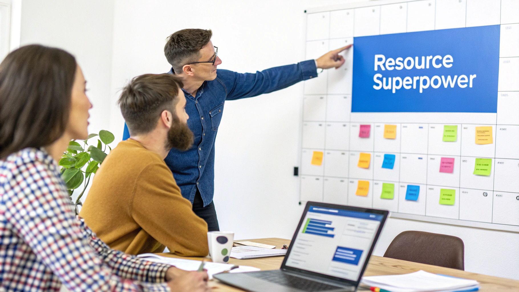 Three colleagues in a meeting, one pointing at a whiteboard displaying 'Resource Superpower' and colorful sticky notes.