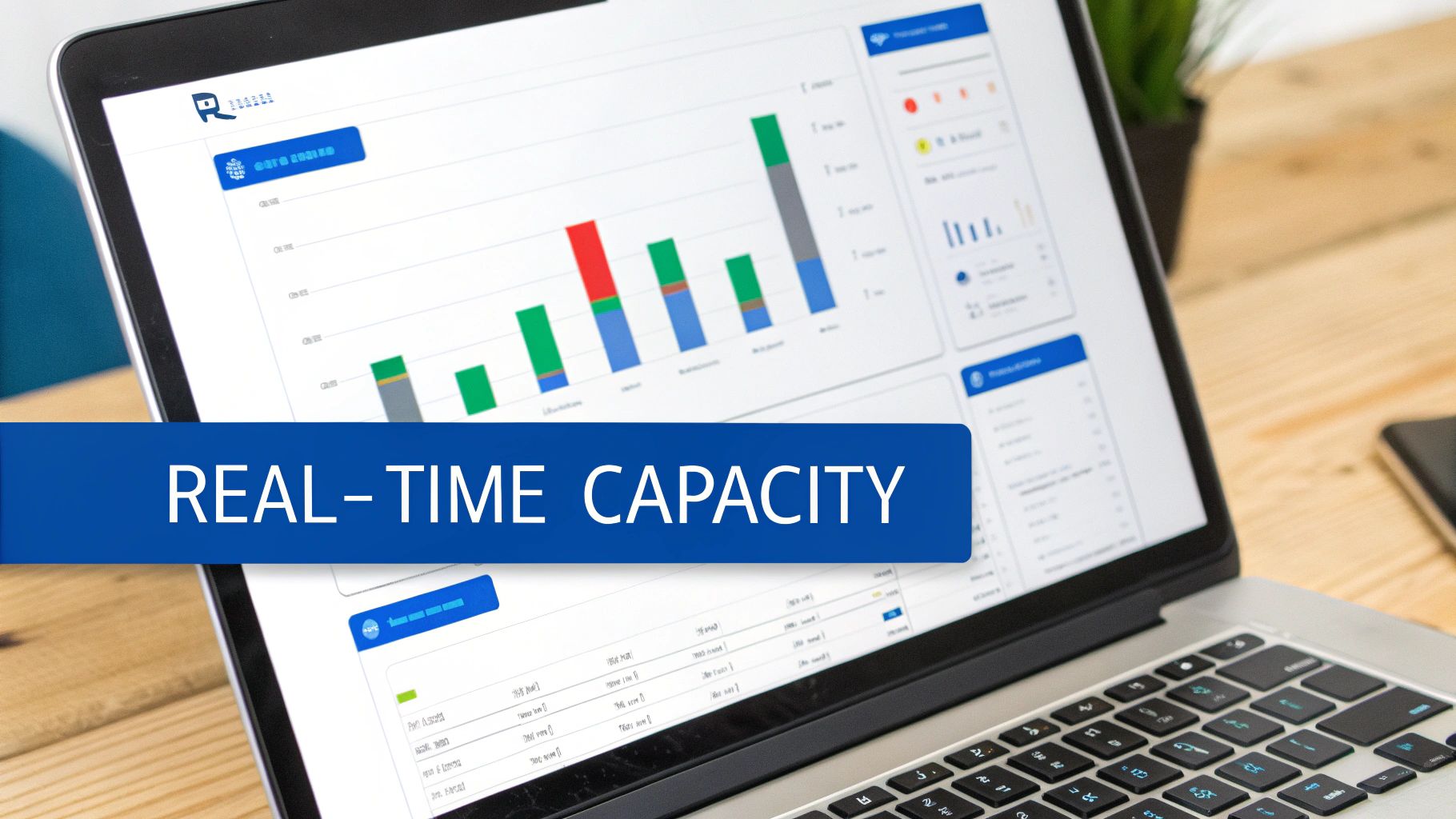 A laptop displaying a real-time capacity dashboard with charts and data on a wooden desk.