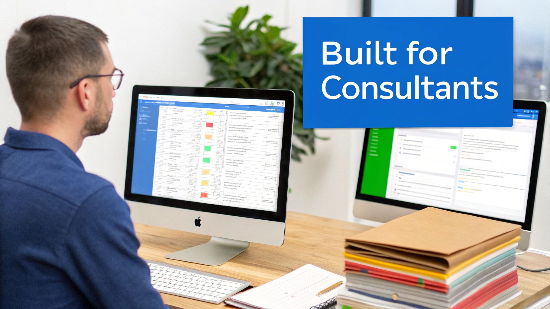 A consultant analyzing data on a tablet with charts in the background.